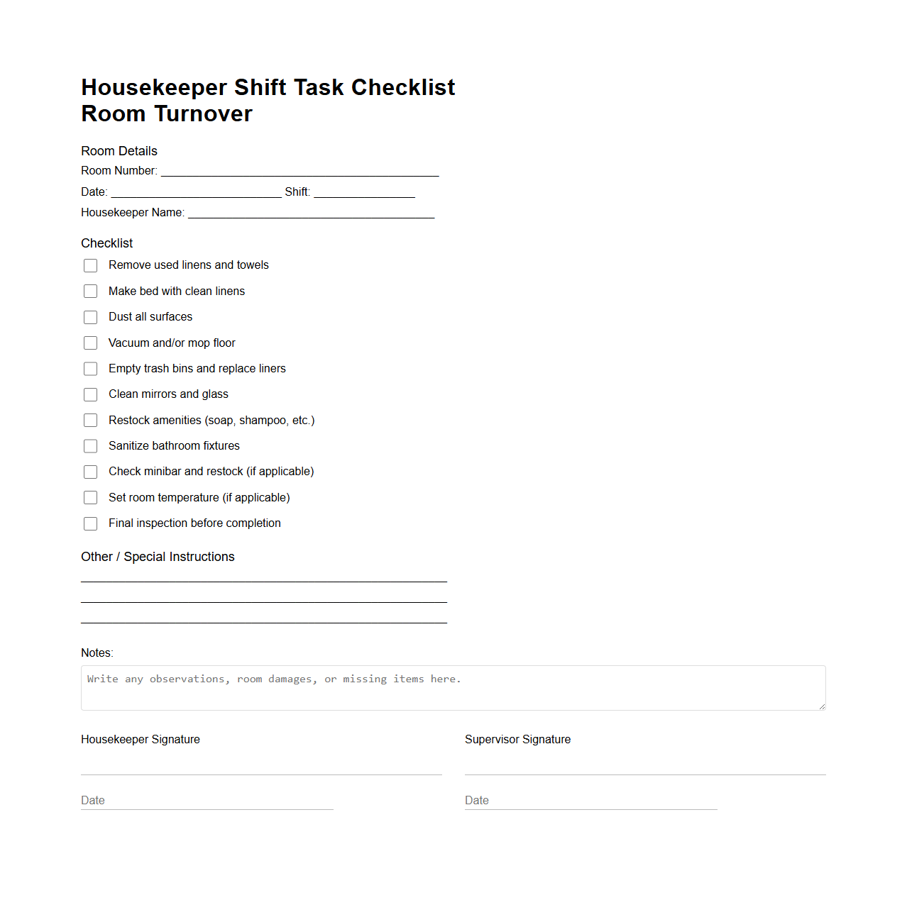Housekeeper Shift Task Checklist for Room Turnover