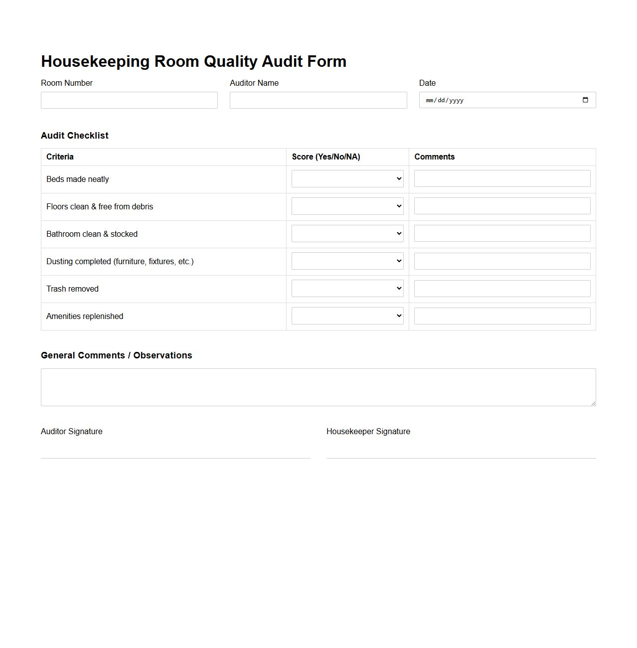Housekeeping Room Quality Audit Form