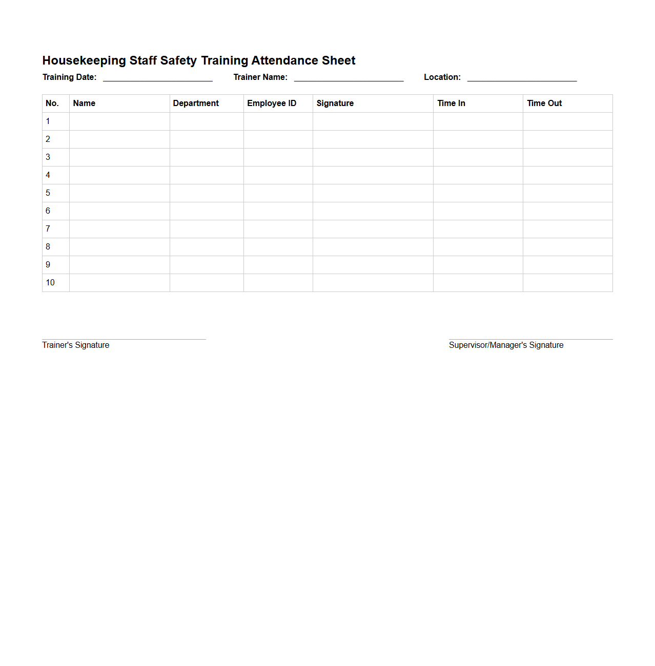 Housekeeping Staff Safety Training Attendance Sheet