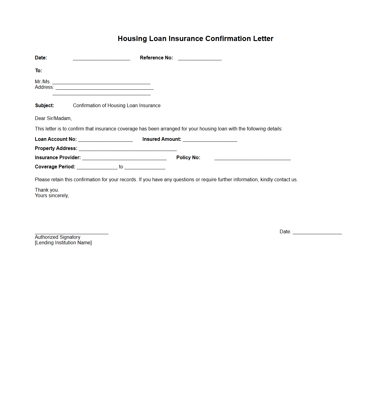 Housing Loan Insurance Confirmation Letter
