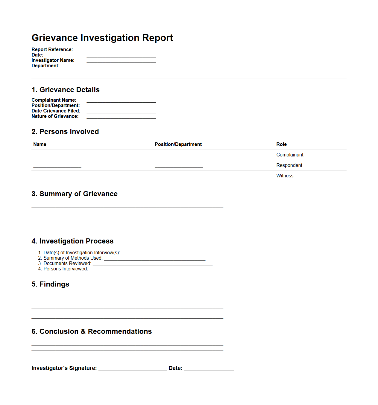 Human Resources Grievance Investigation Report Sample