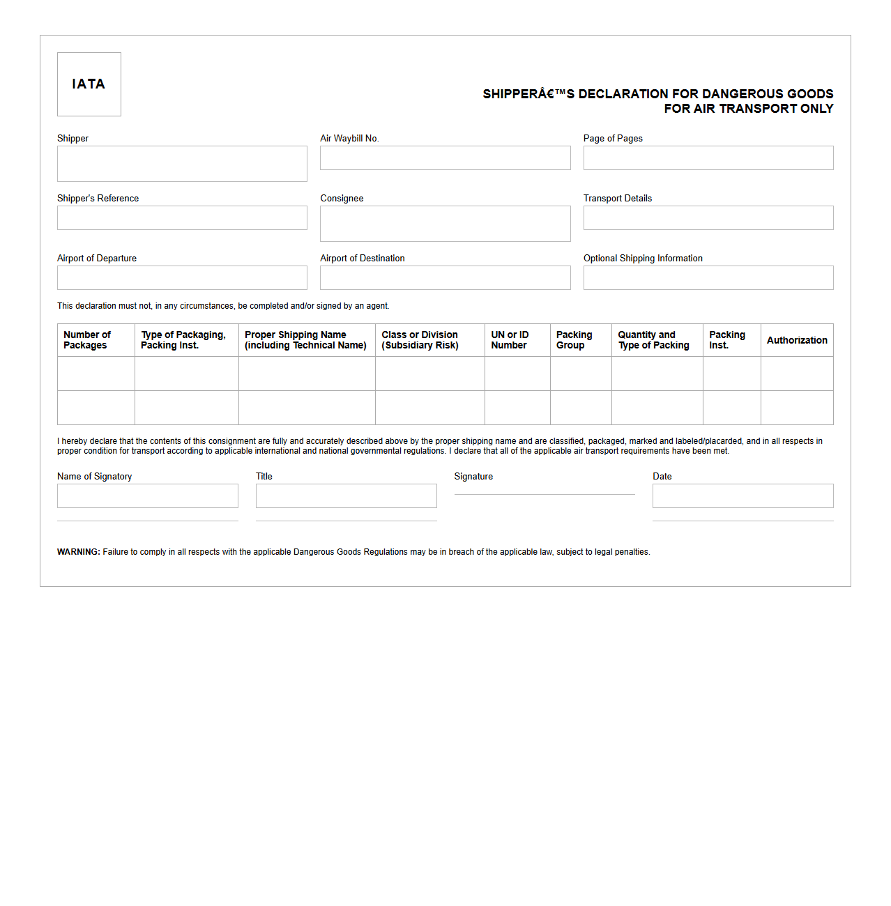 IATA Shipper’s Declaration for Dangerous Goods Air Transport