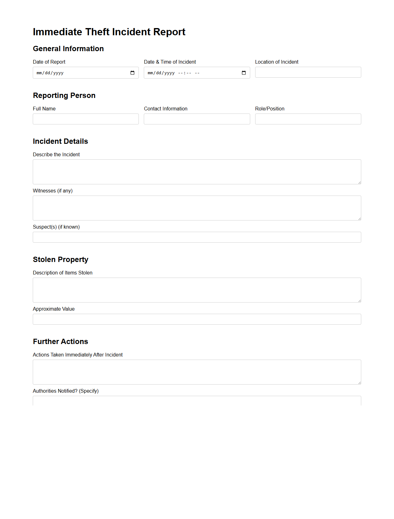 Immediate Theft Incident Report Template