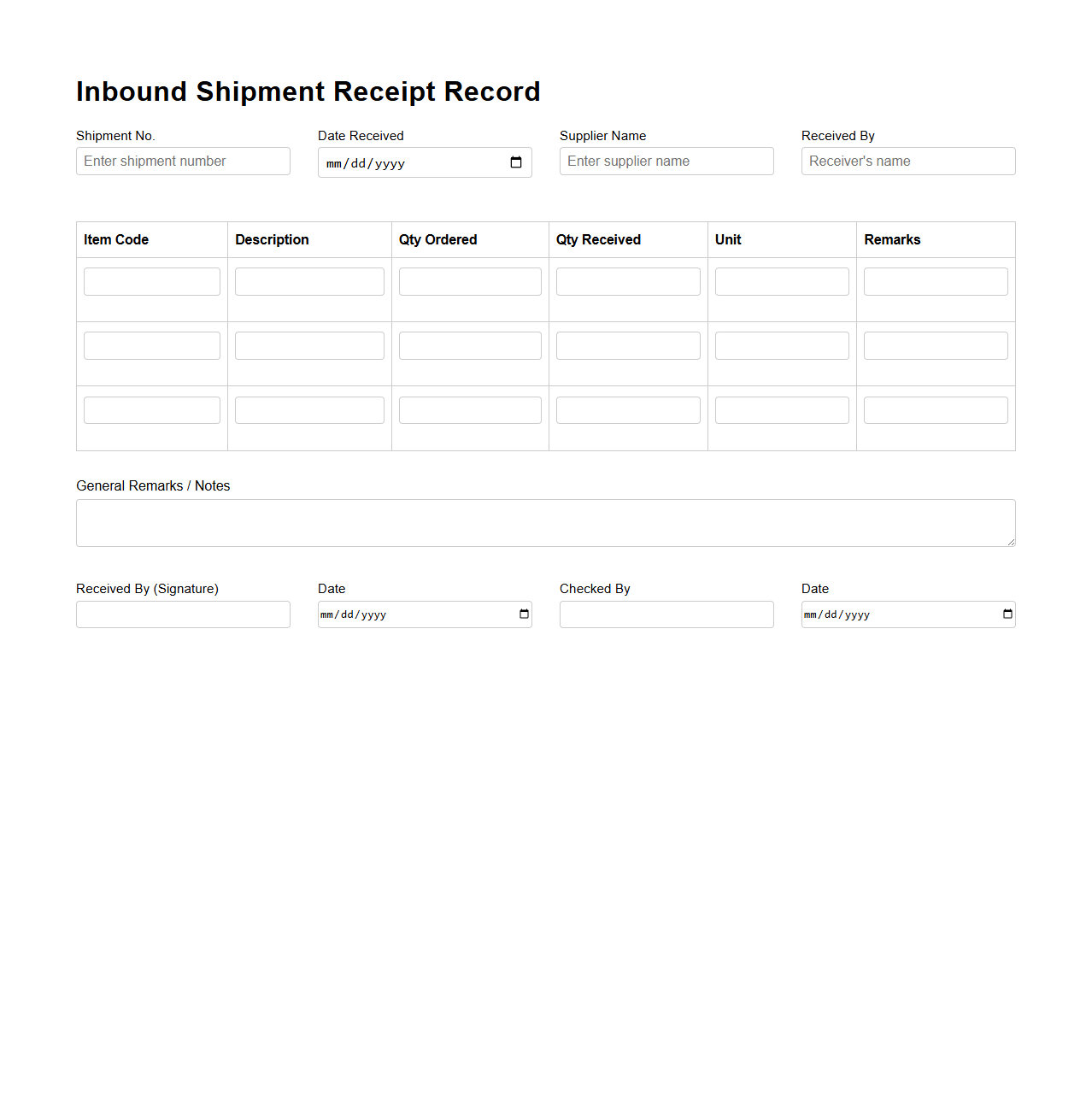 Inbound Shipment Receipt Record for Retail Operations