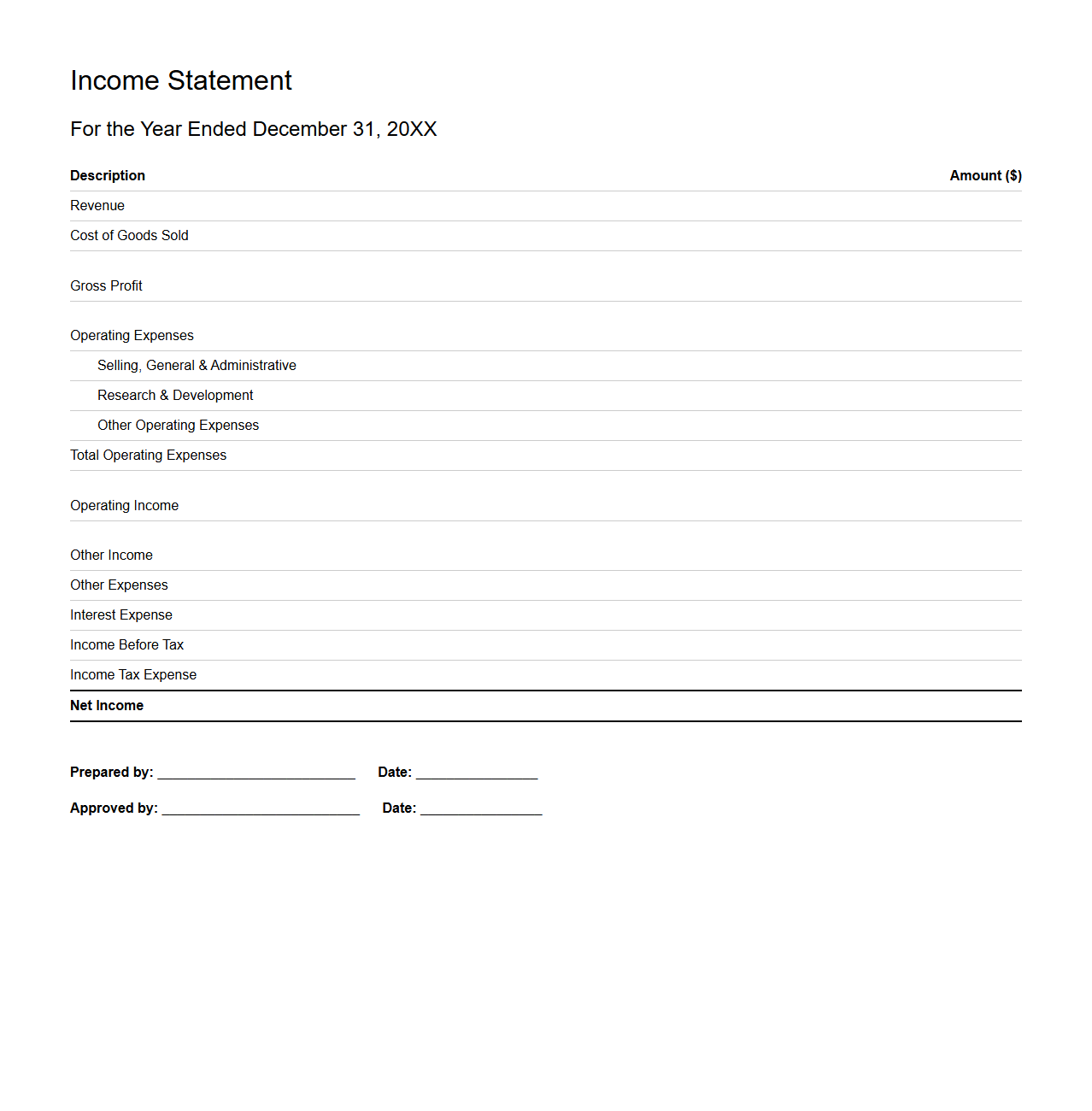 Income Statement Template for Annual Corporate Reporting
