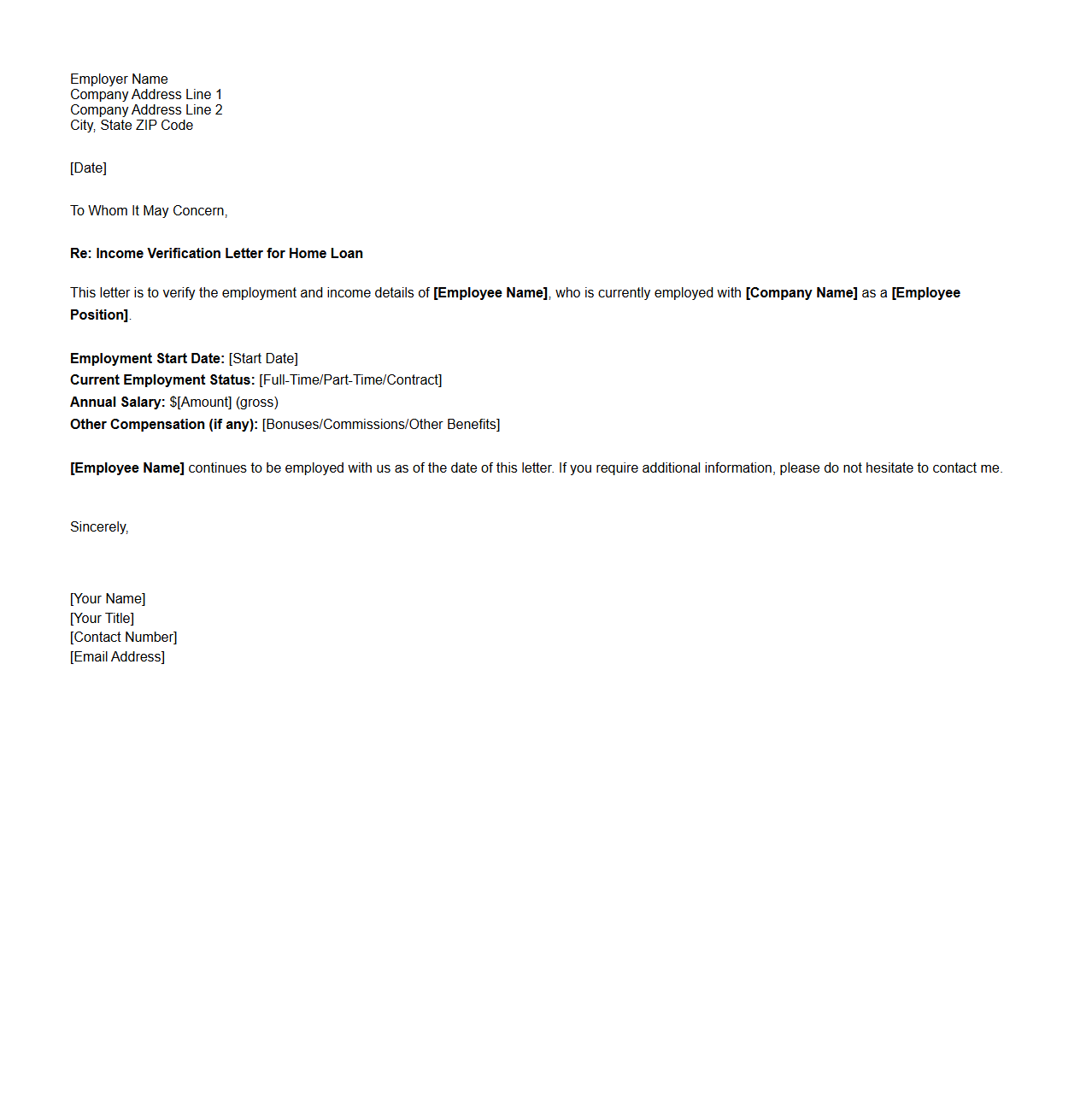 Income Verification Letter Template for Home Loan