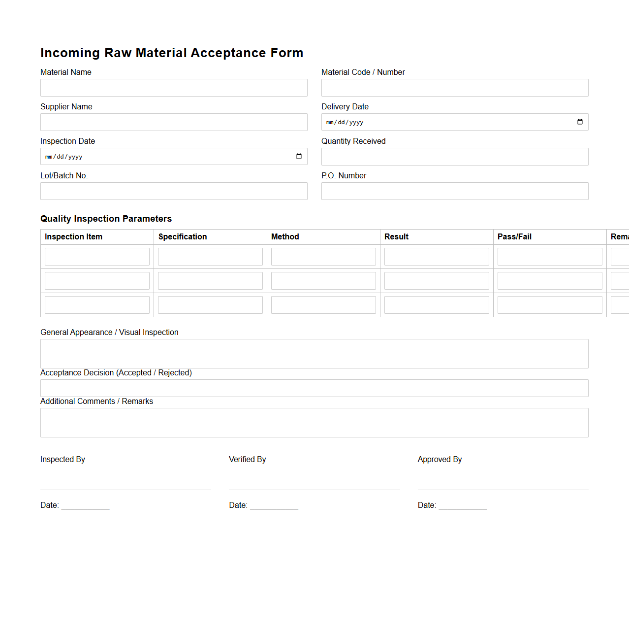 Incoming Raw Material Acceptance Form for Factories