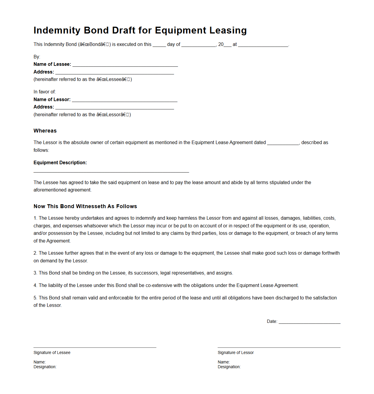 Indemnity Bond Draft for Equipment Leasing