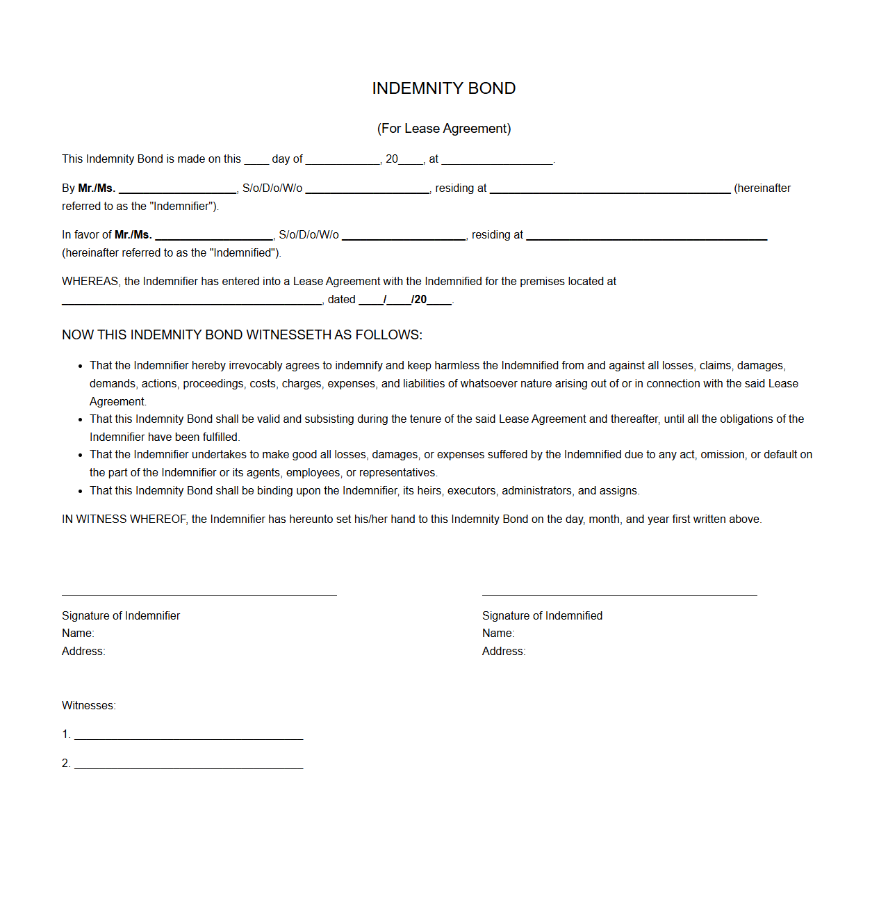 Indemnity Bond Sample for Lease Agreements