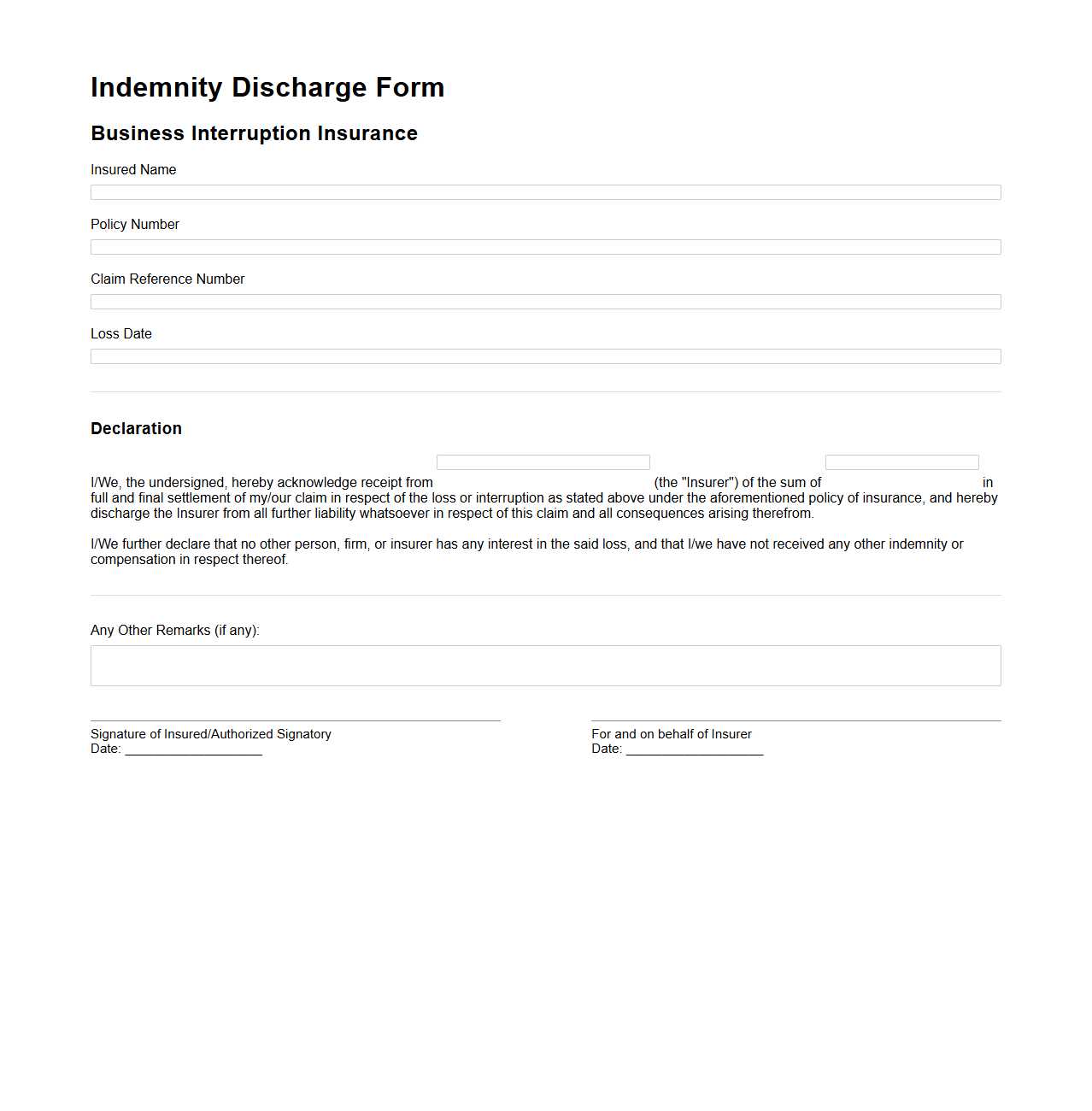 Indemnity Discharge Form for Business Interruption Insurance
