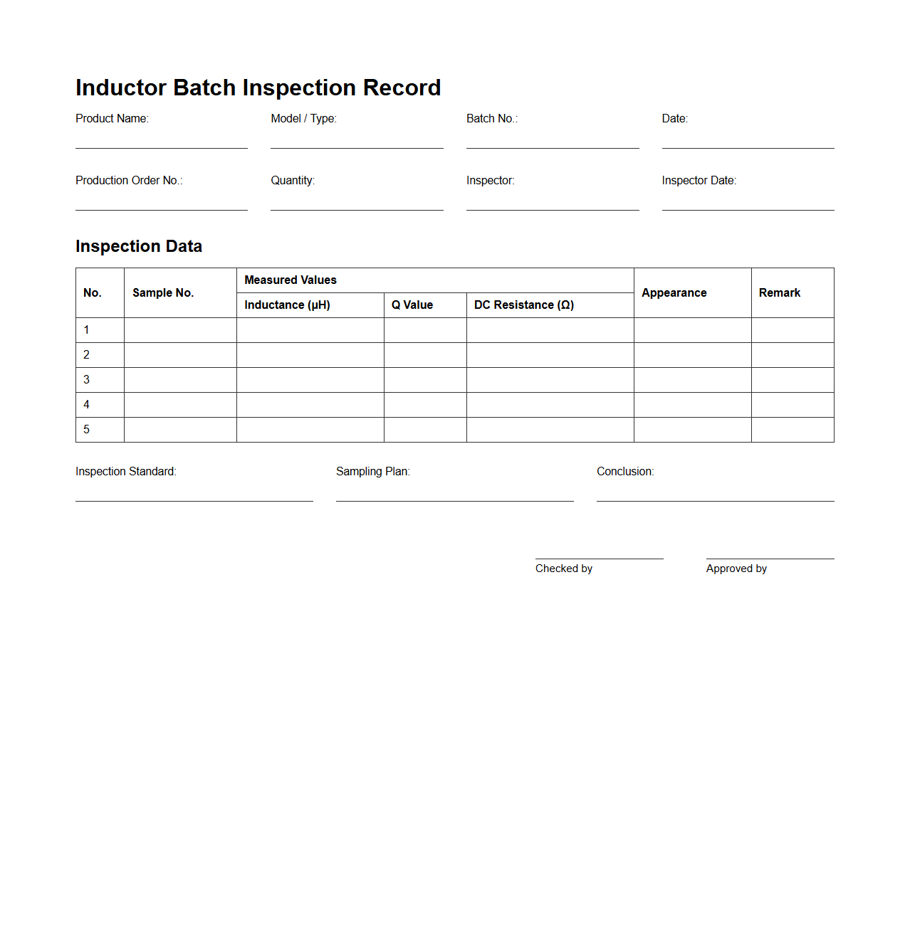 Inductor Batch Inspection Record Sample