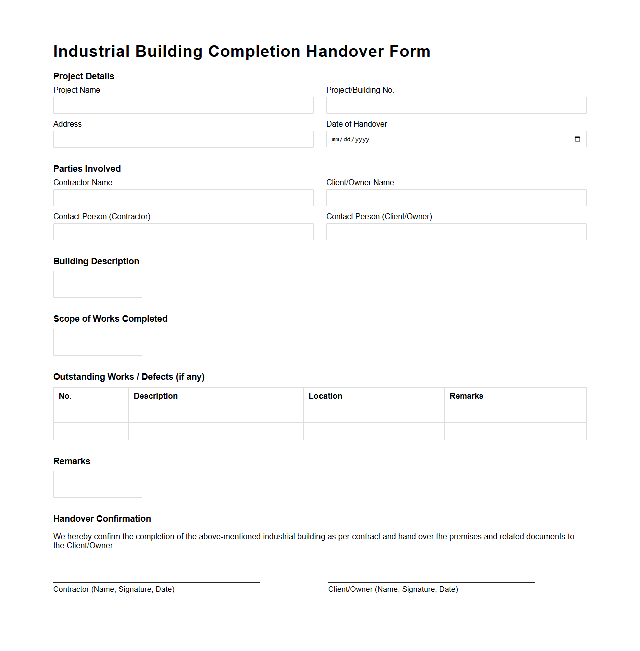 Industrial Building Completion Handover Form