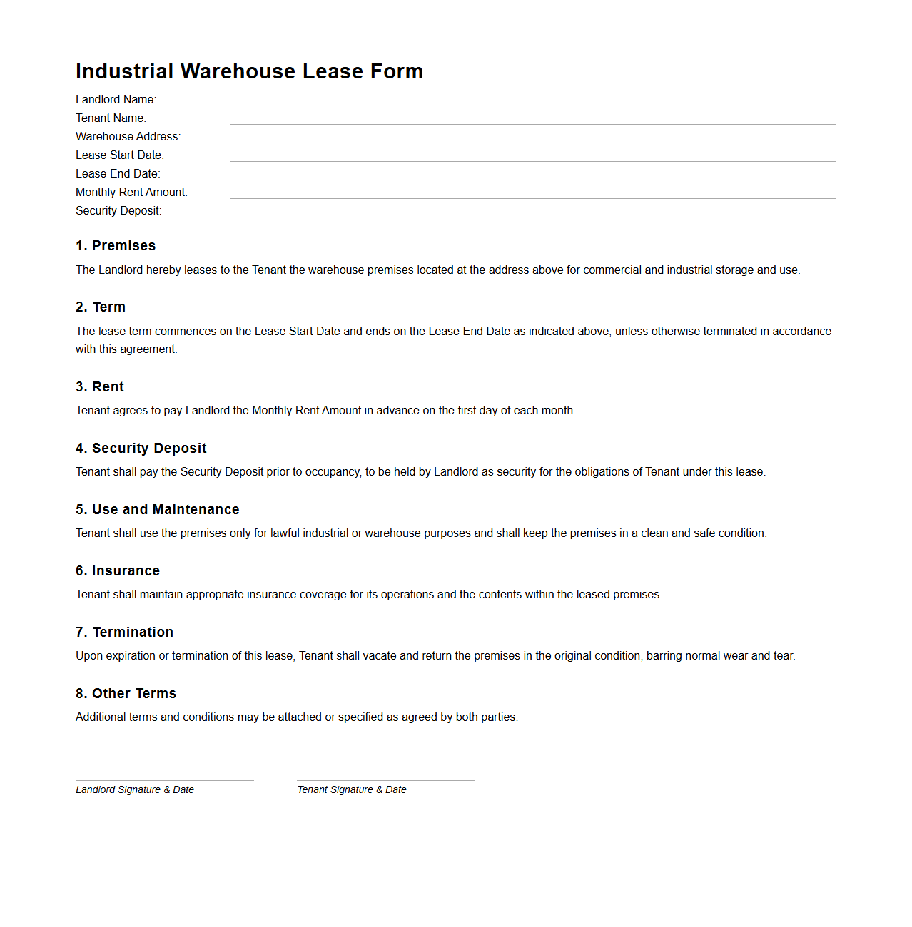 Industrial Warehouse Lease Form Example