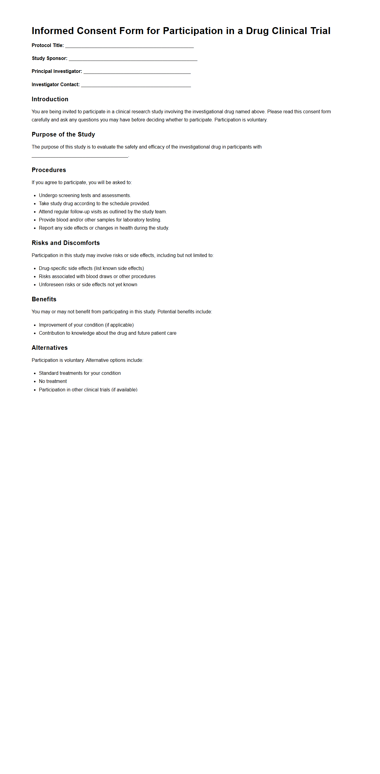 Informed Consent Form Template for Drug Clinical Trials