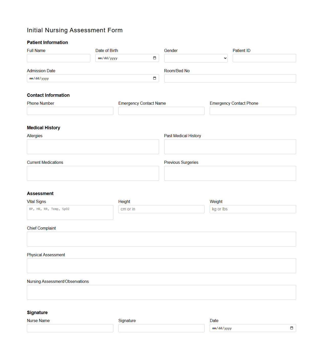 Initial Nursing Assessment Form Template