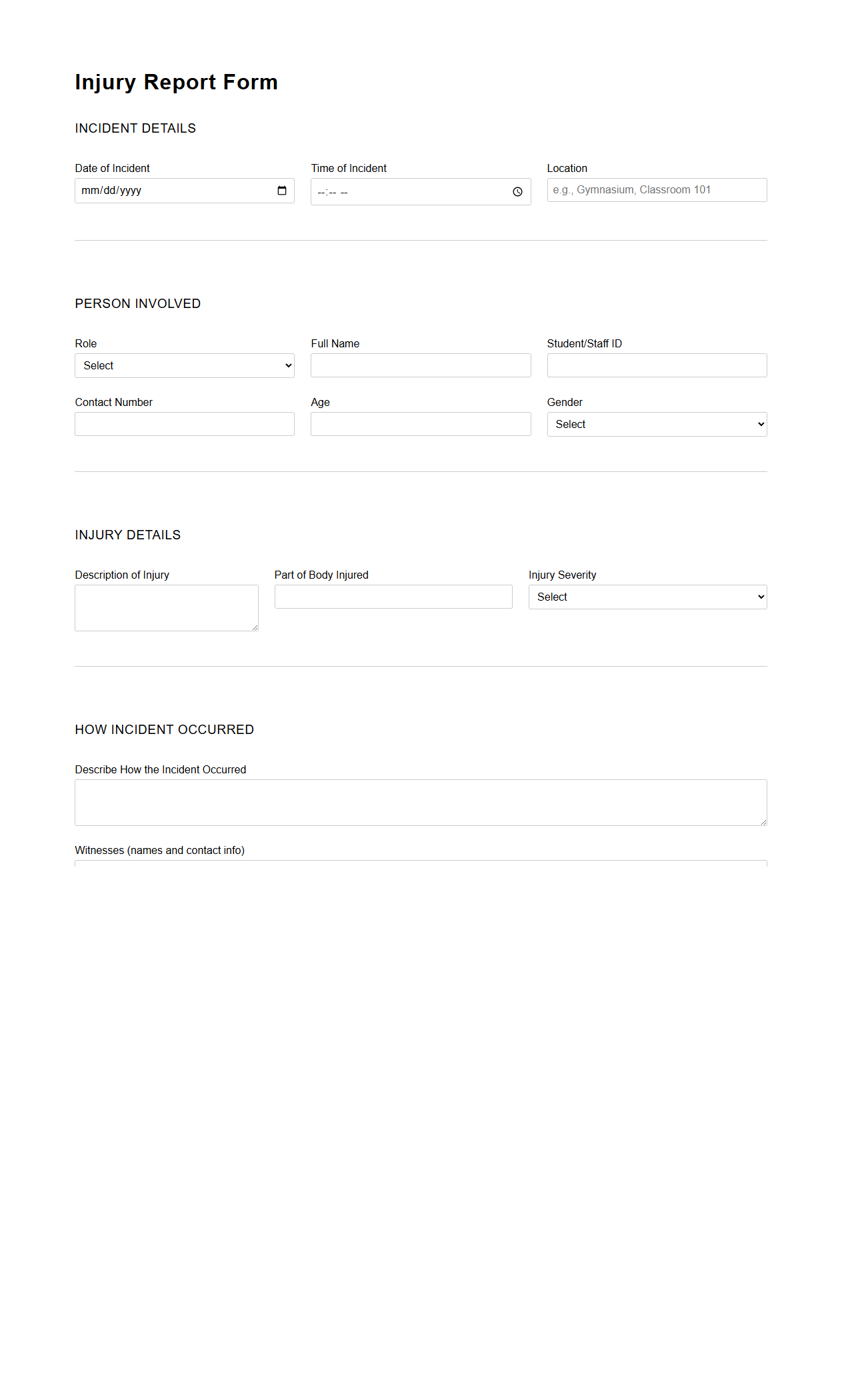 Injury Report Form for Student or Staff Incidents