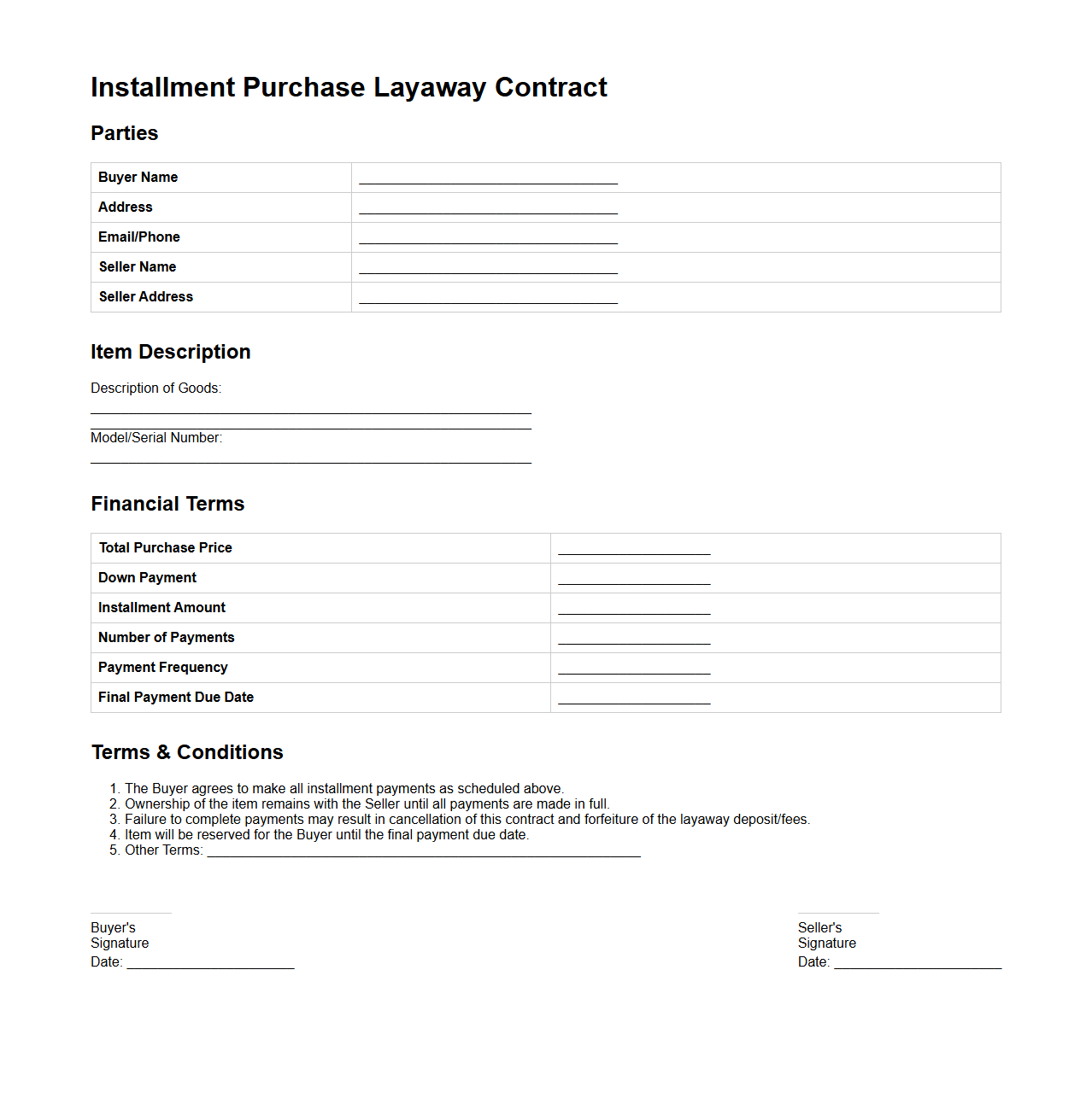 Installment Purchase Layaway Contract Example