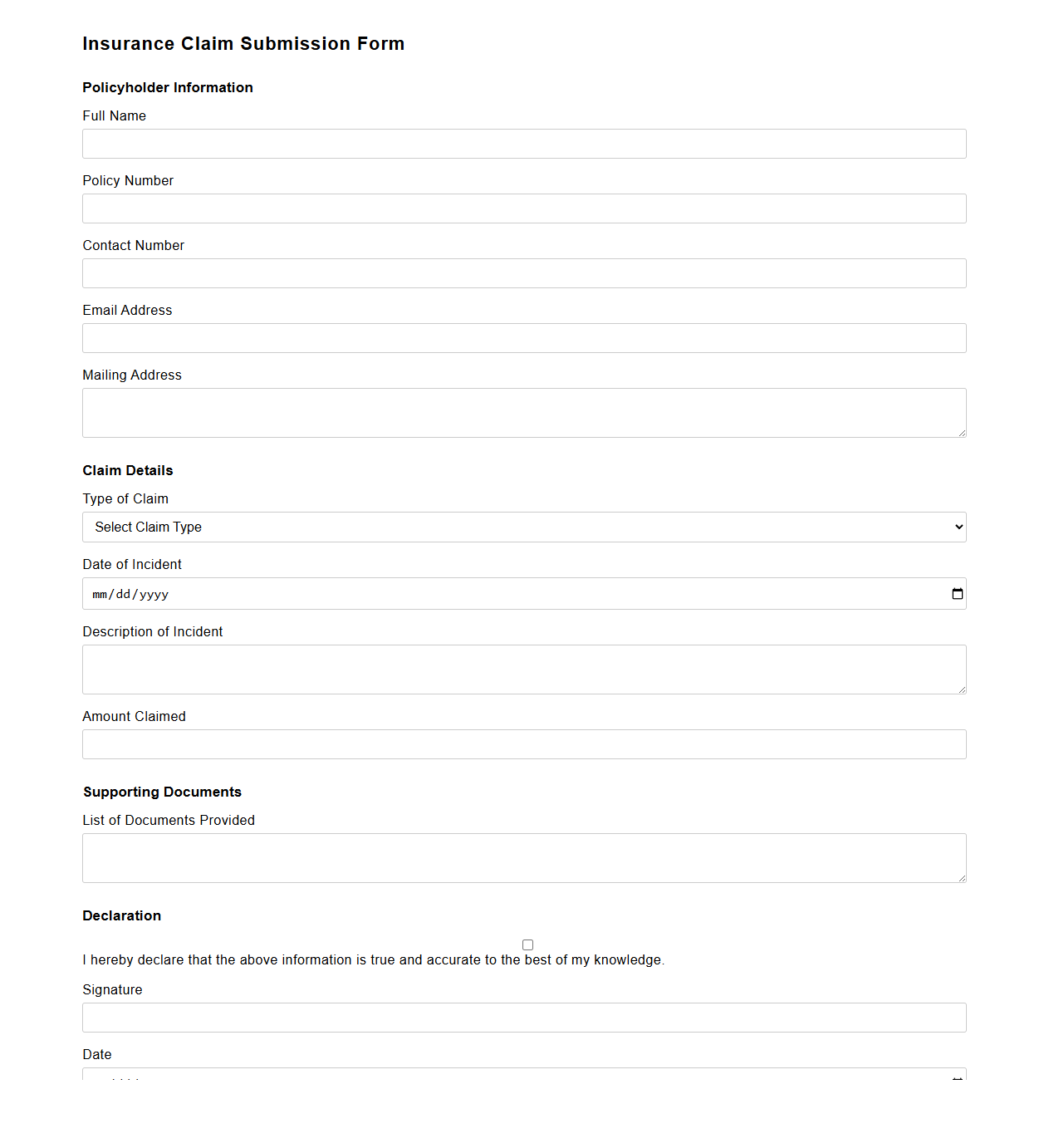 Insurance Claim Submission Form Sample
