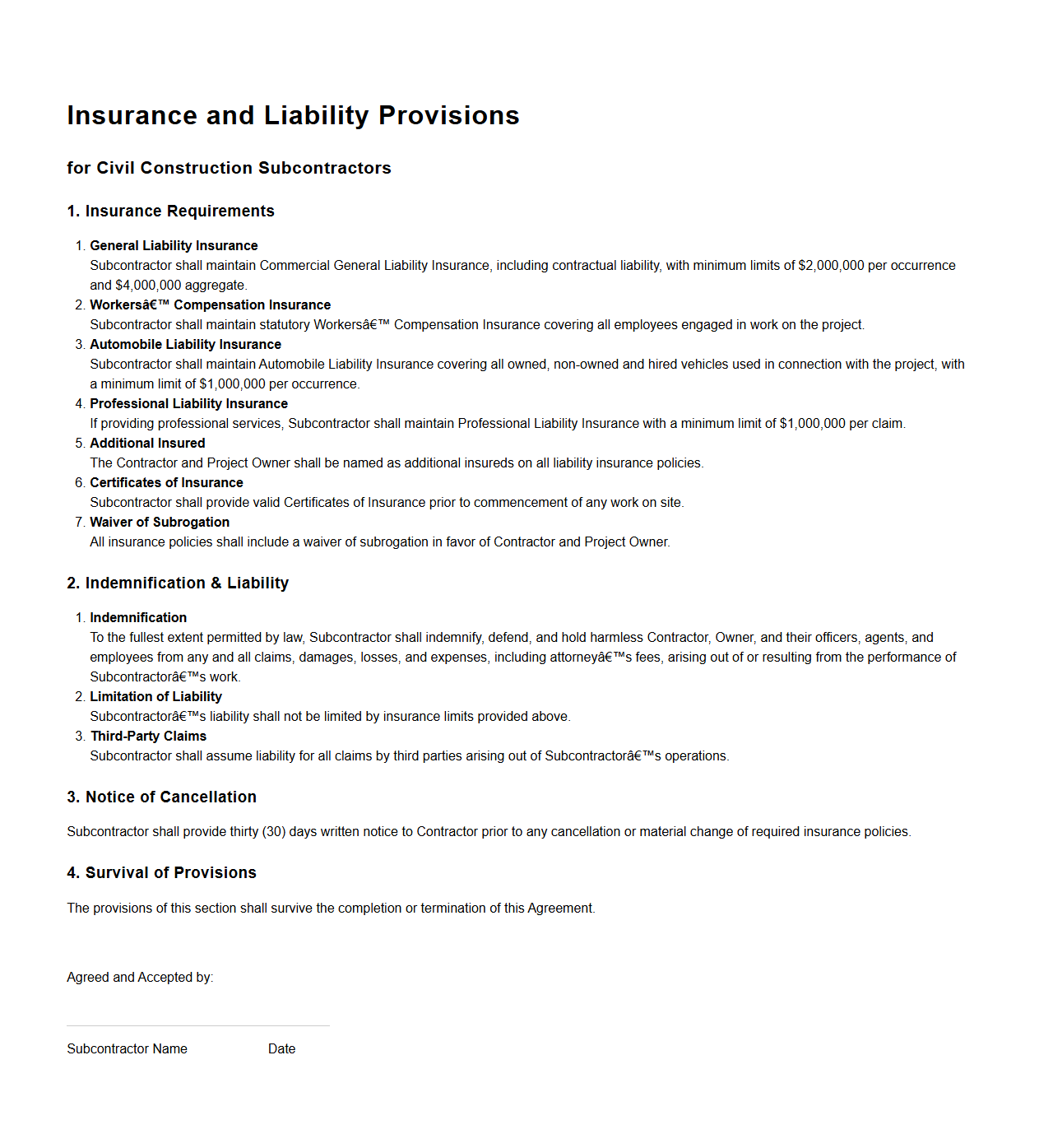 Insurance and Liability Provisions for Civil Construction Subcontractors