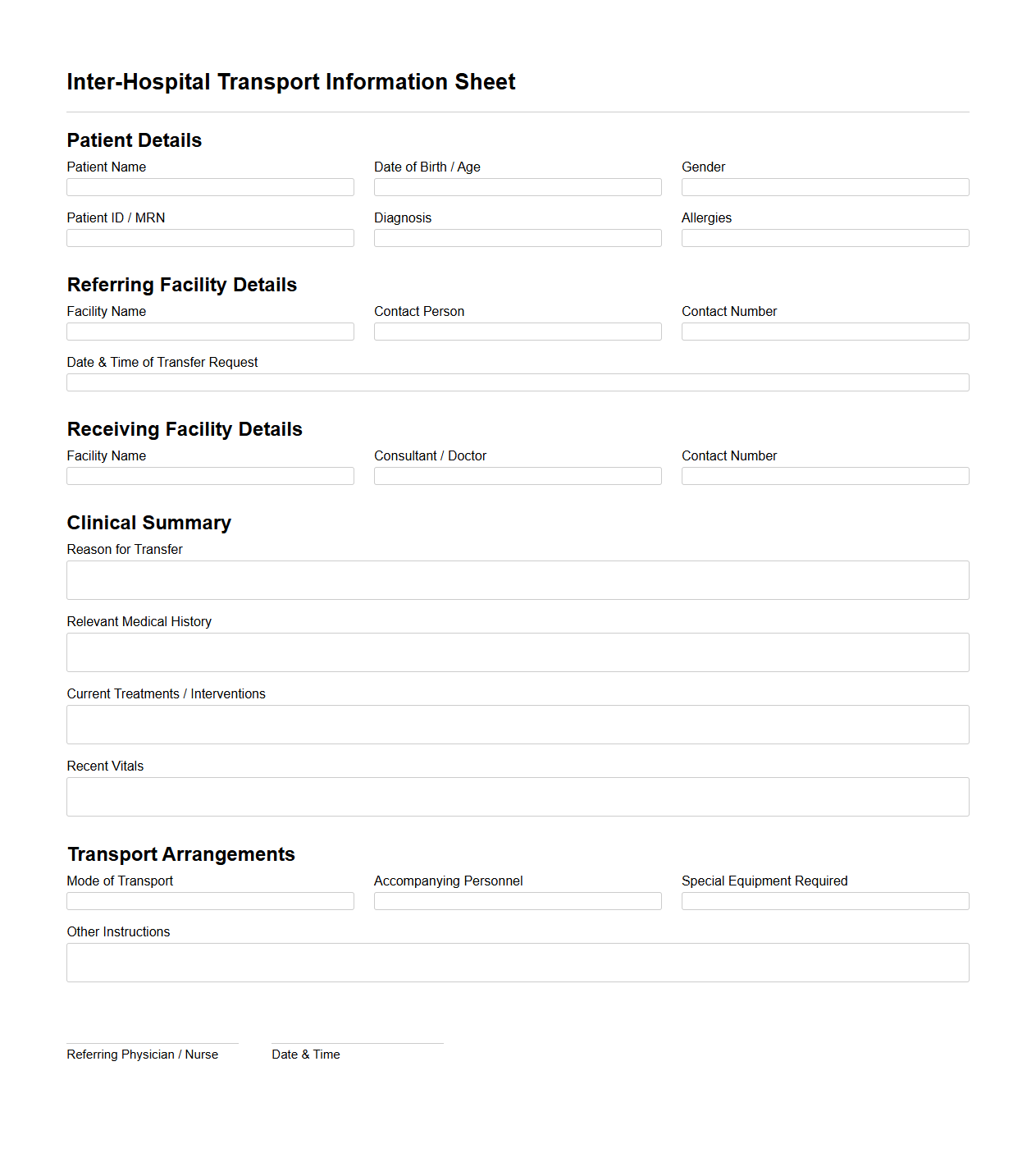 Inter-Hospital Transport Information Sheet