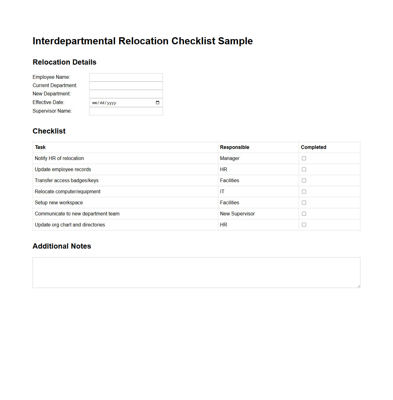 Interdepartmental Relocation Checklist Sample