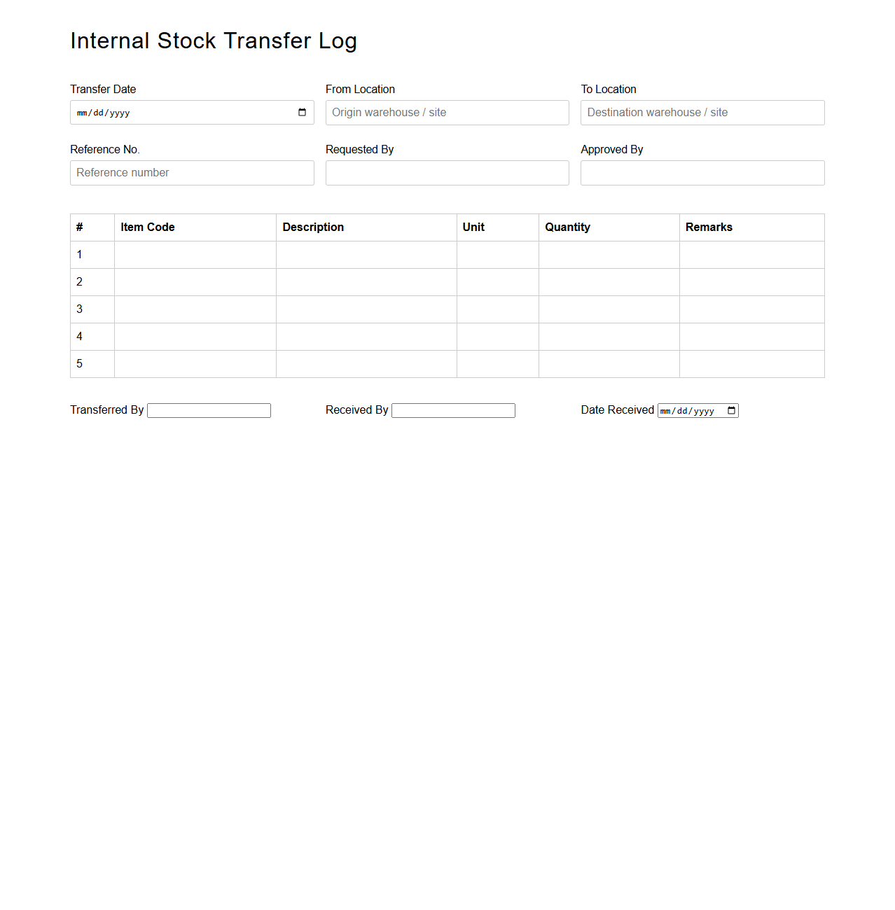 Internal Stock Transfer Log Sample