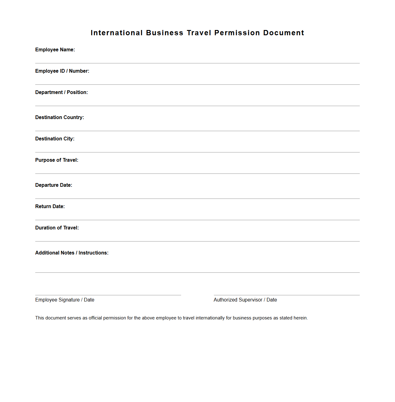 International Business Travel Permission Document Sample
