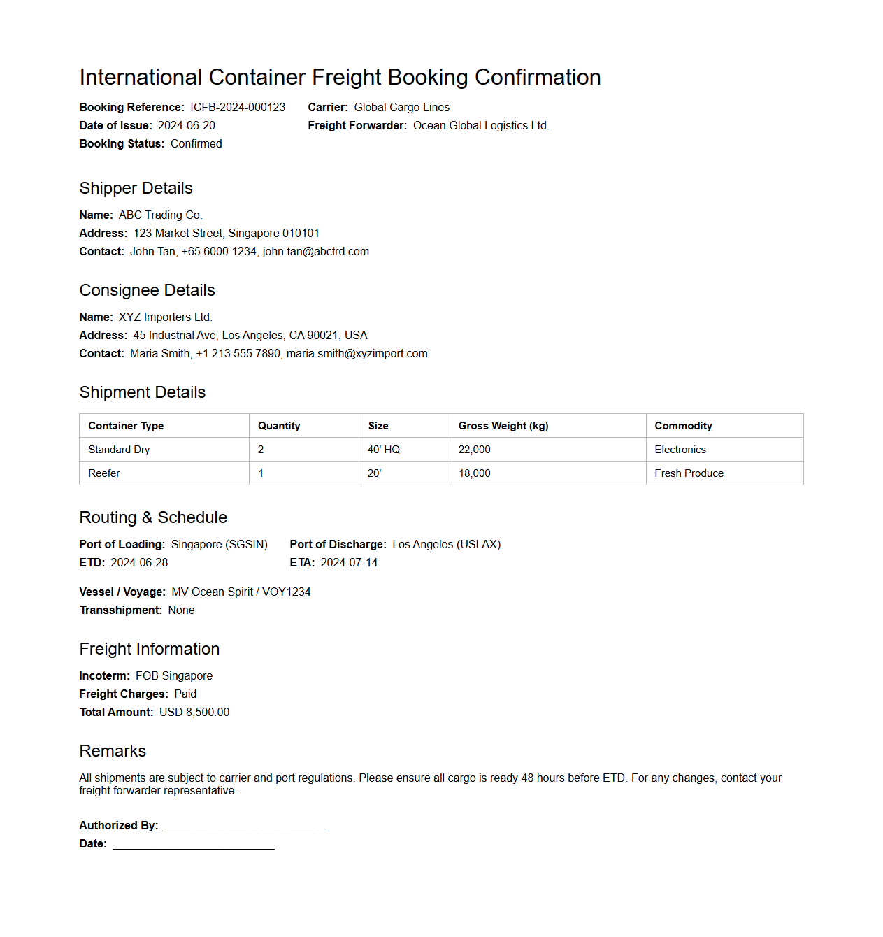 International Container Freight Booking Confirmation Sample