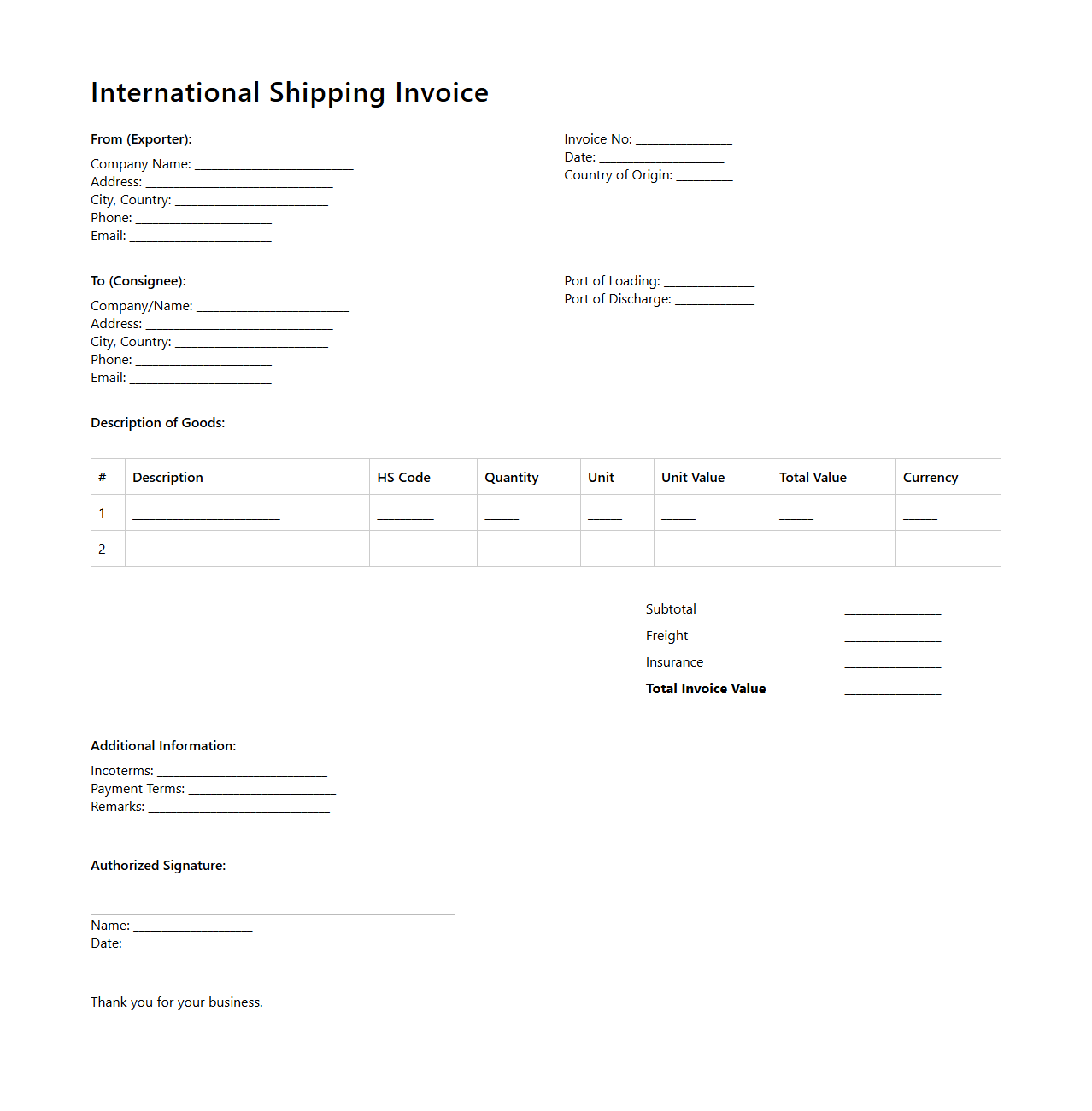 International Shipping Invoice Example