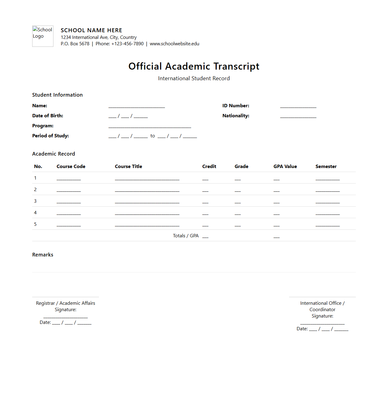 International Student Transcript Design