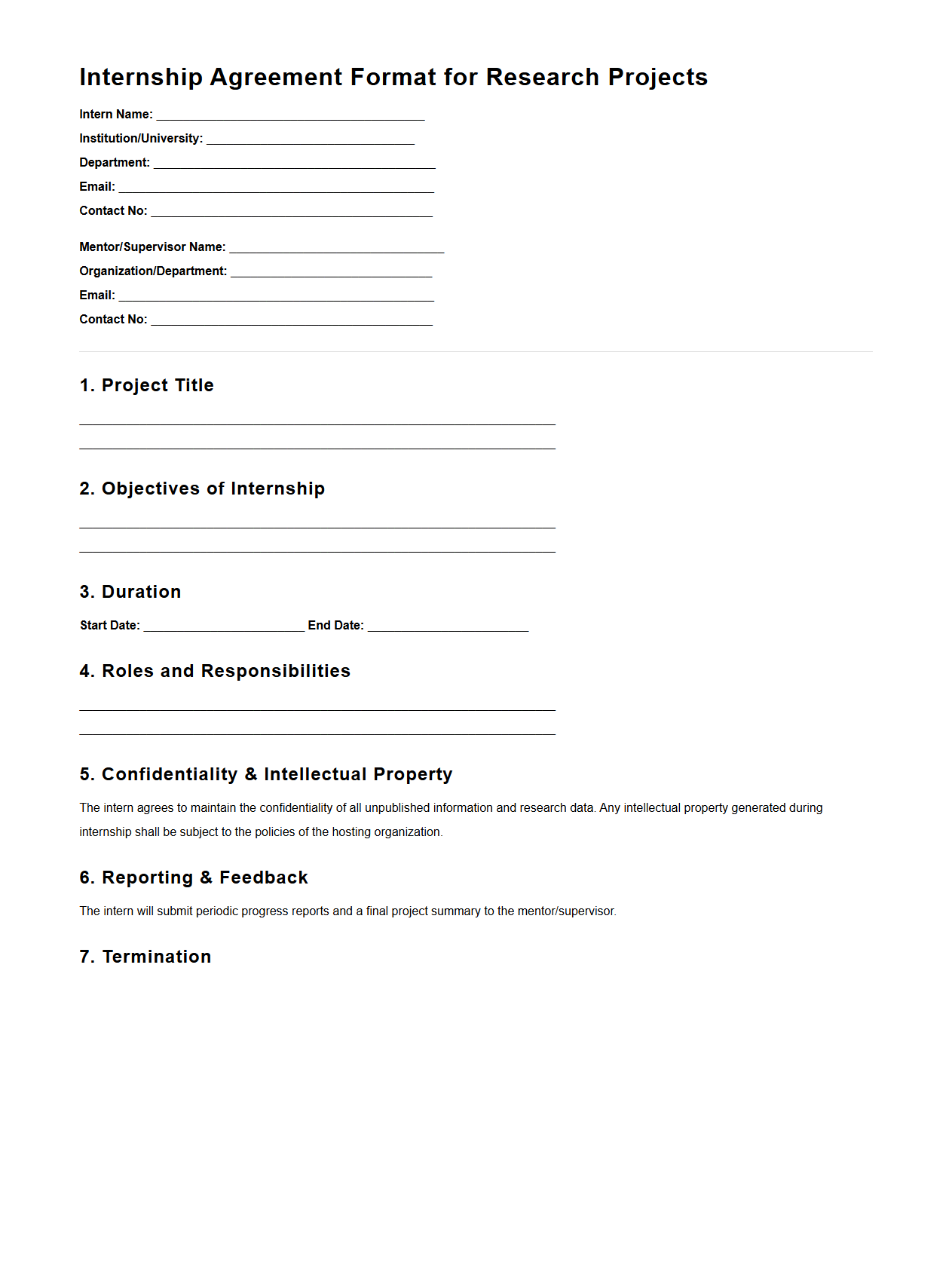 Internship Agreement Format for Research Projects