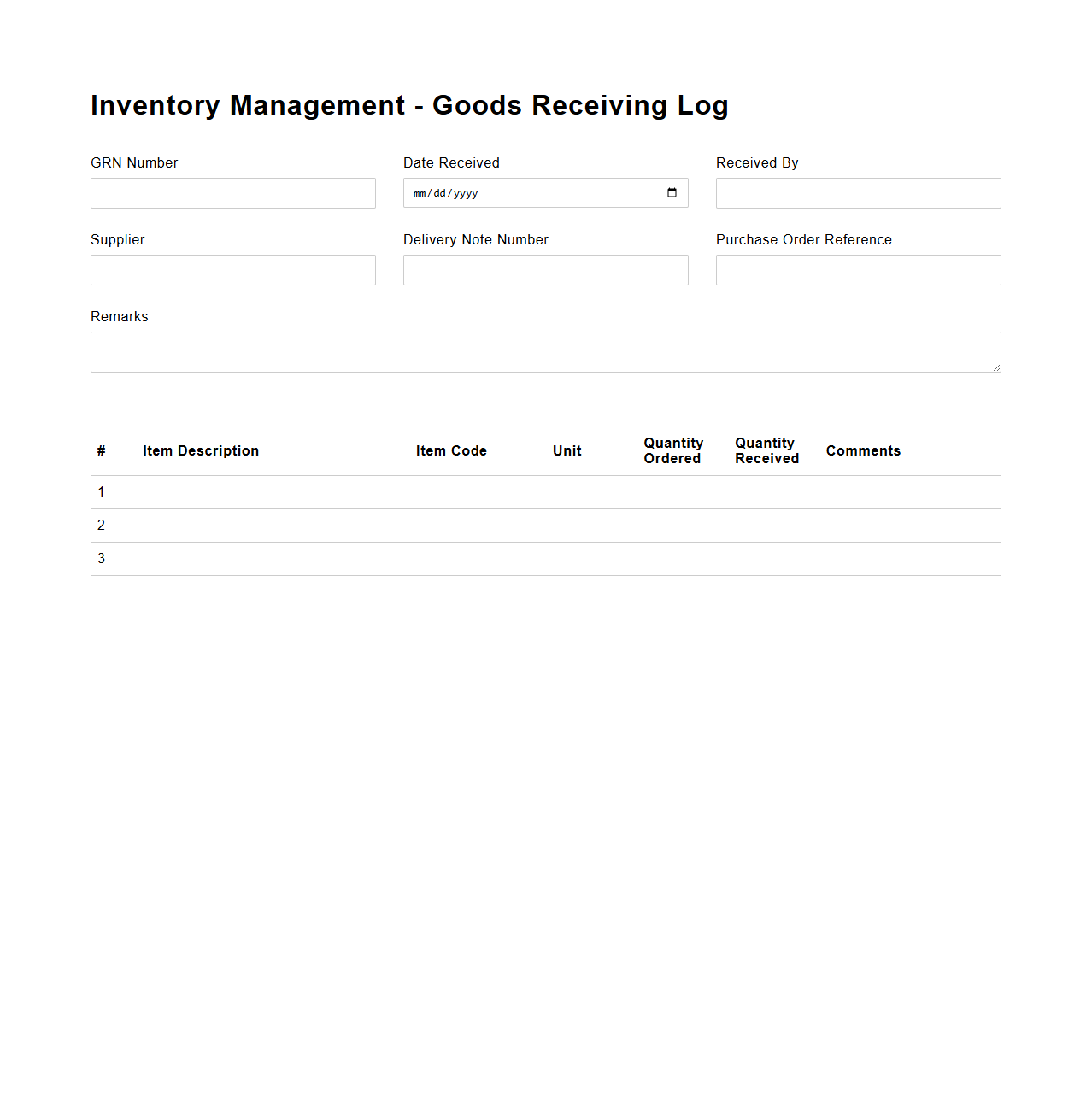 Inventory Management Goods Receiving Log