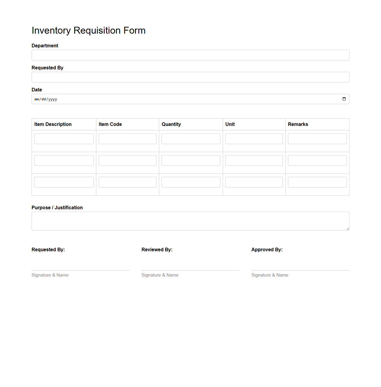 Inventory Requisition Form Template