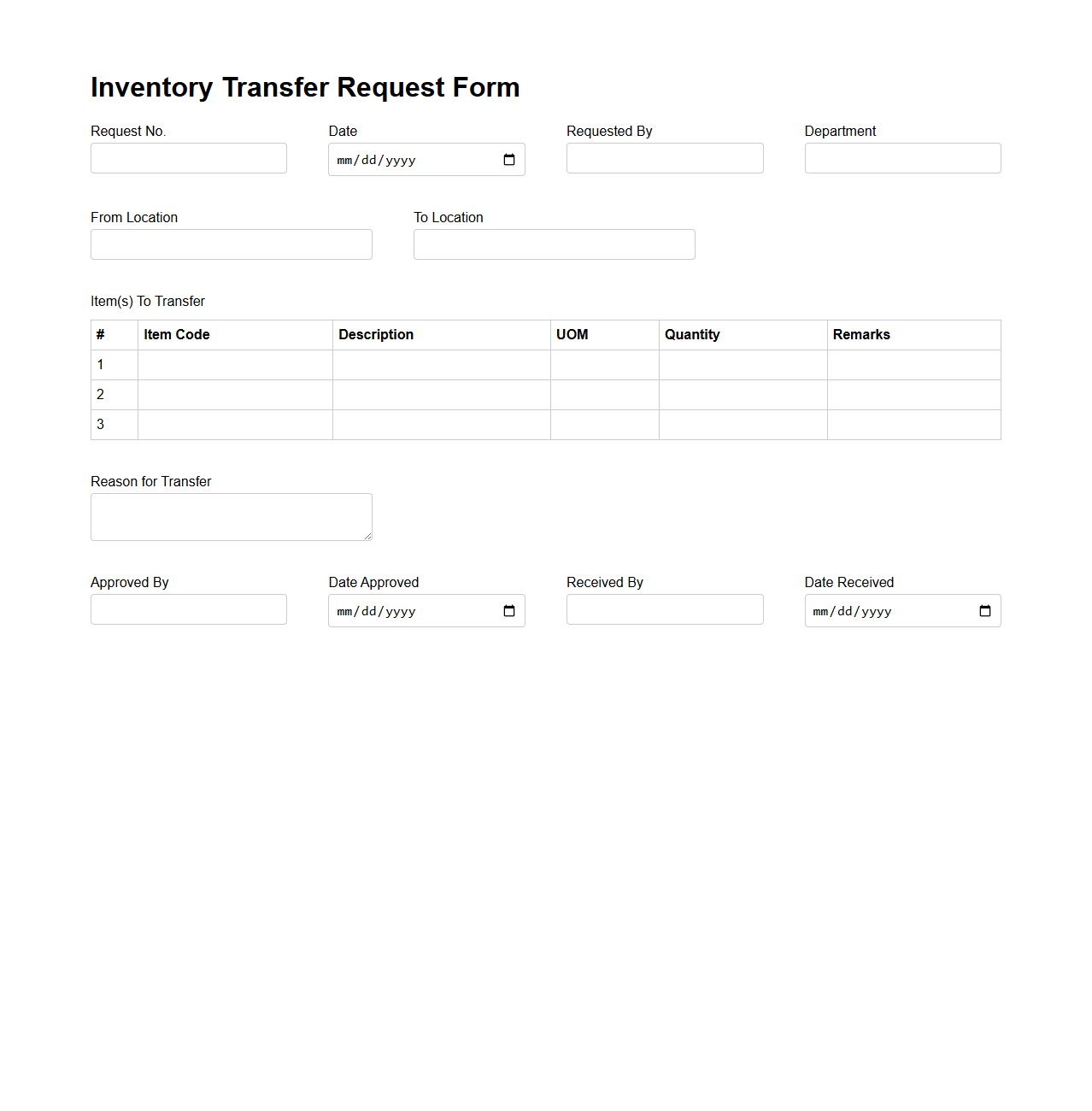 Inventory Transfer Request Form Template