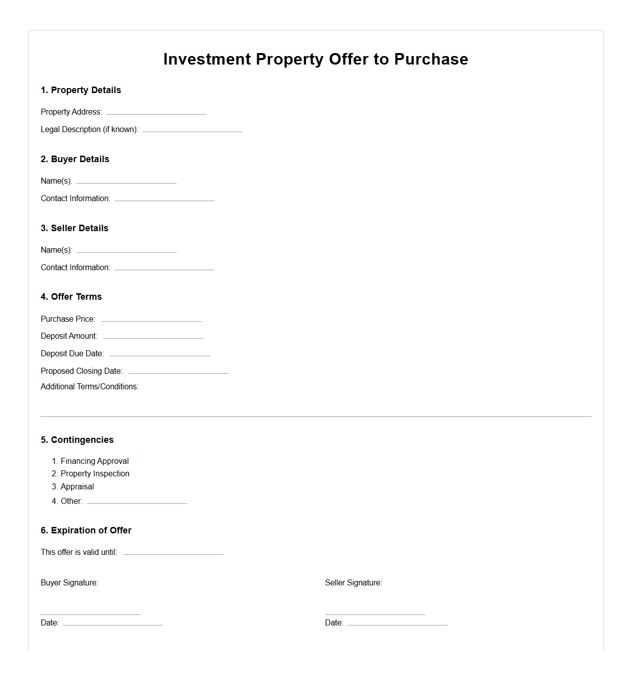 Investment Property Offer to Purchase Sample