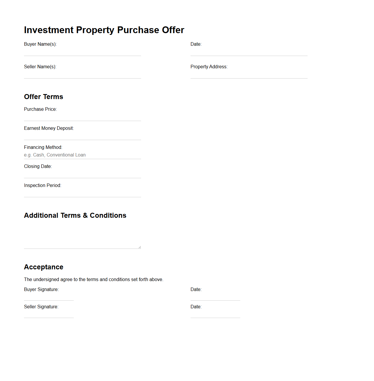 Investment Property Purchase Offer Example