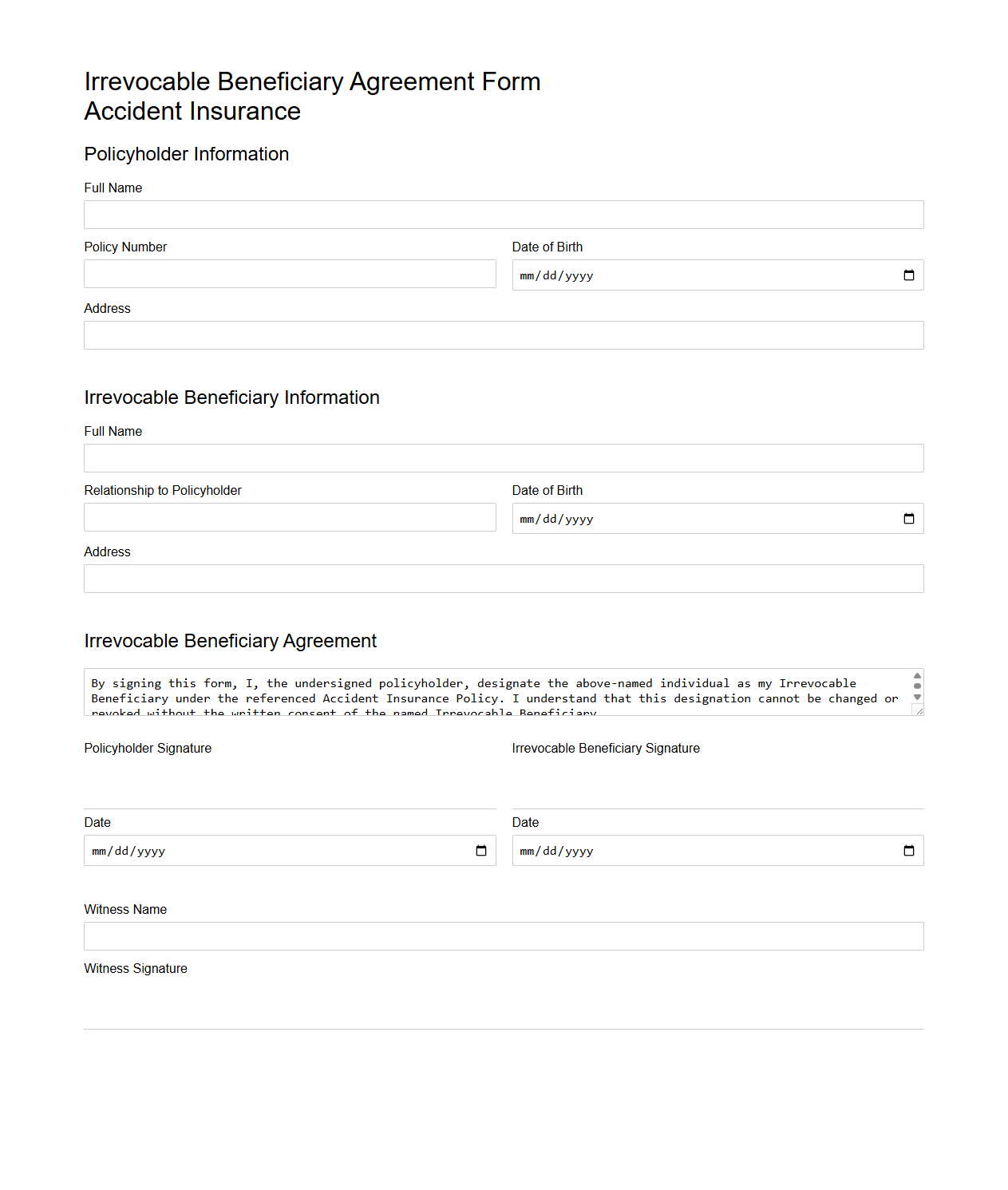 Irrevocable Beneficiary Agreement Form for Accident Insurance