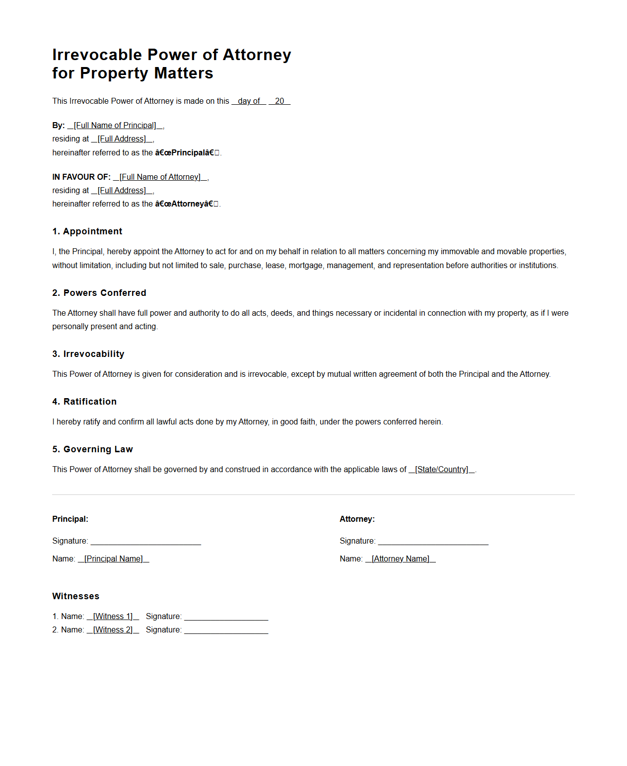 Irrevocable Power of Attorney for Property Matters