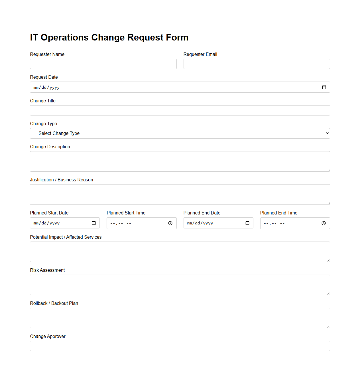 IT Operations Change Request Form Template