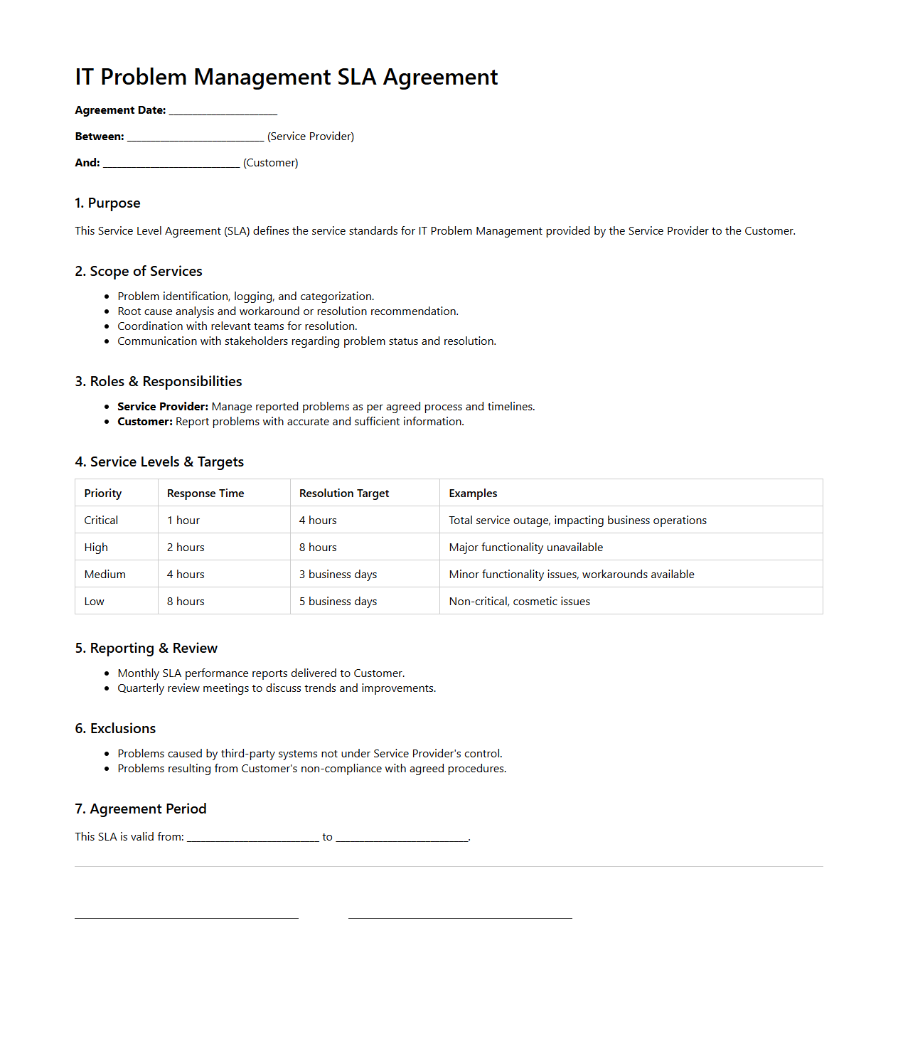 IT Problem Management SLA Agreement Sample