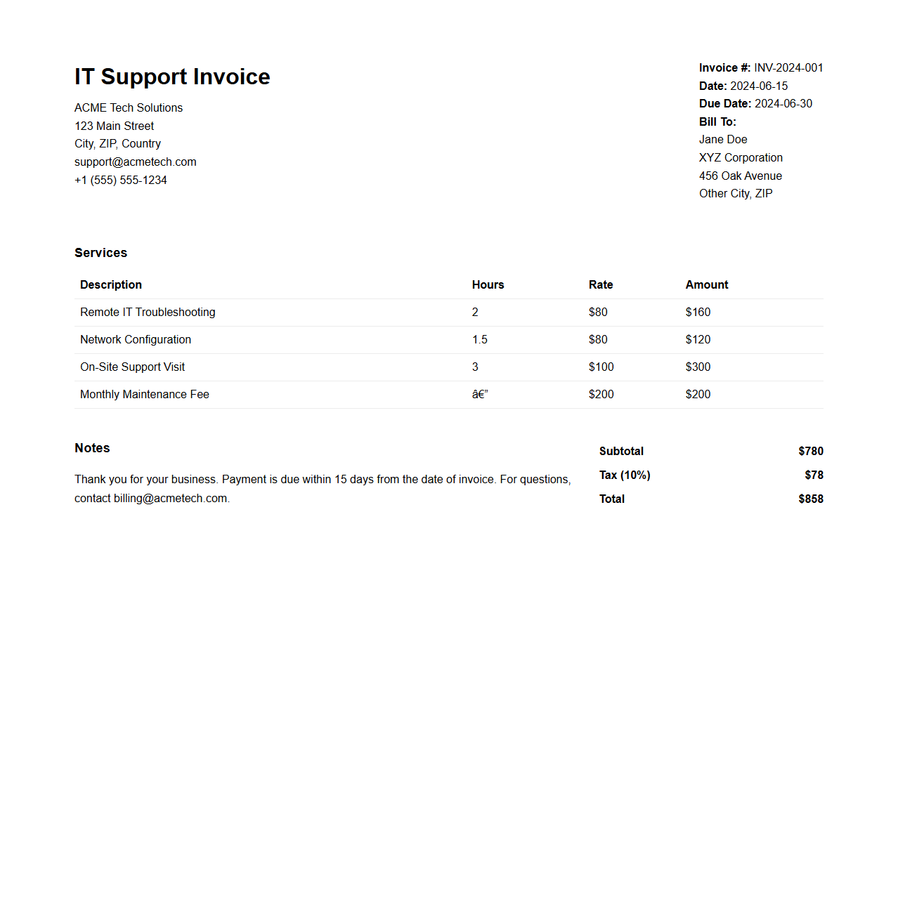 IT Support Billing Invoice Example