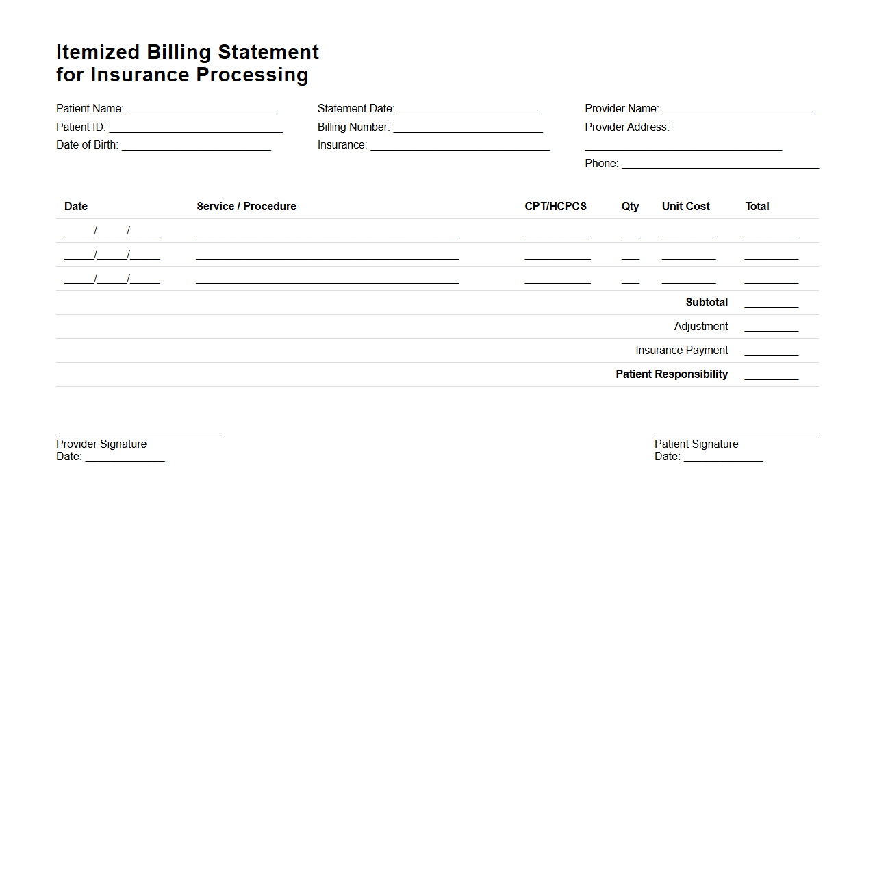 Itemized Billing Statement for Insurance Processing