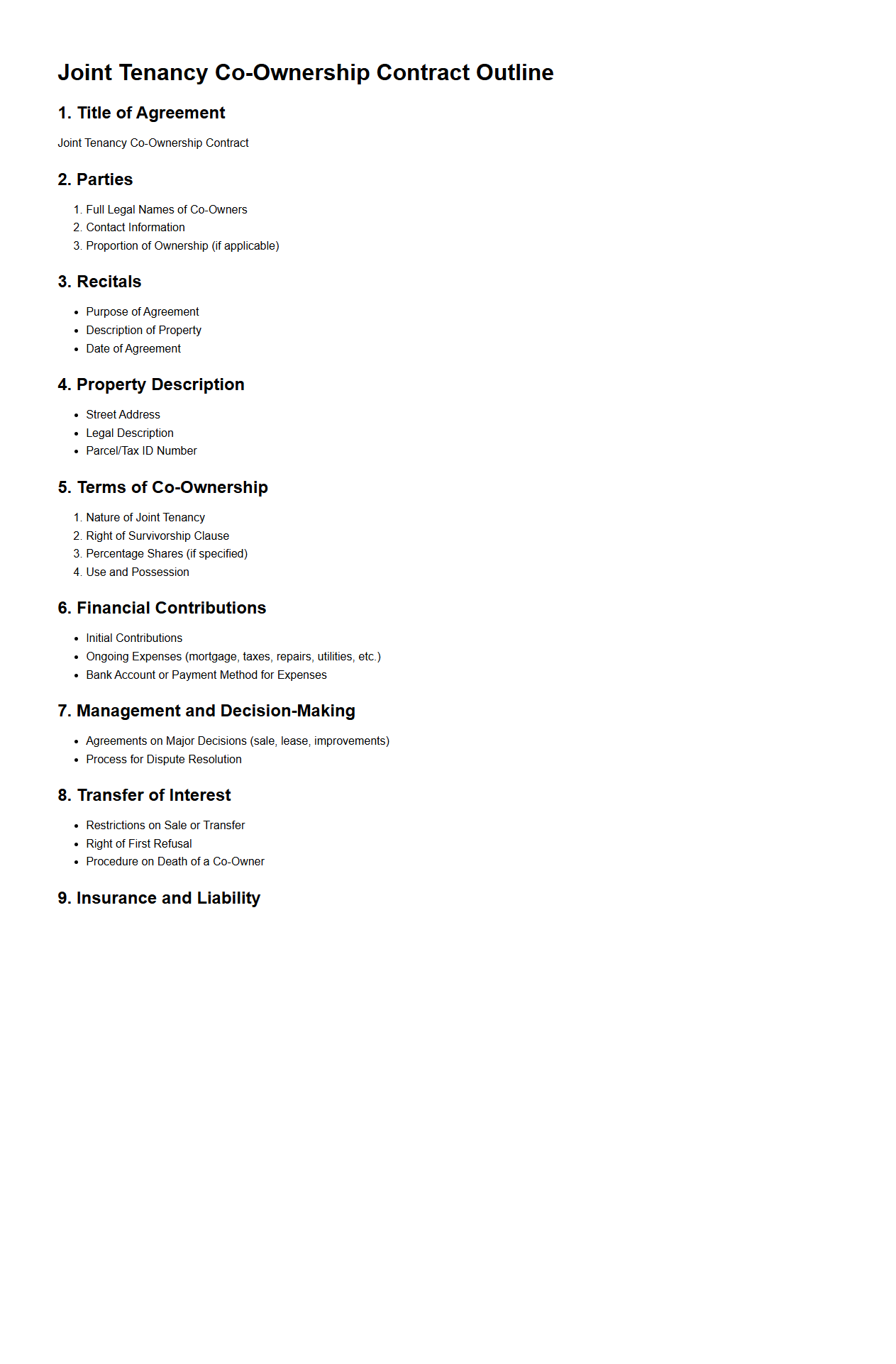 Joint Tenancy Co-Ownership Contract Outline