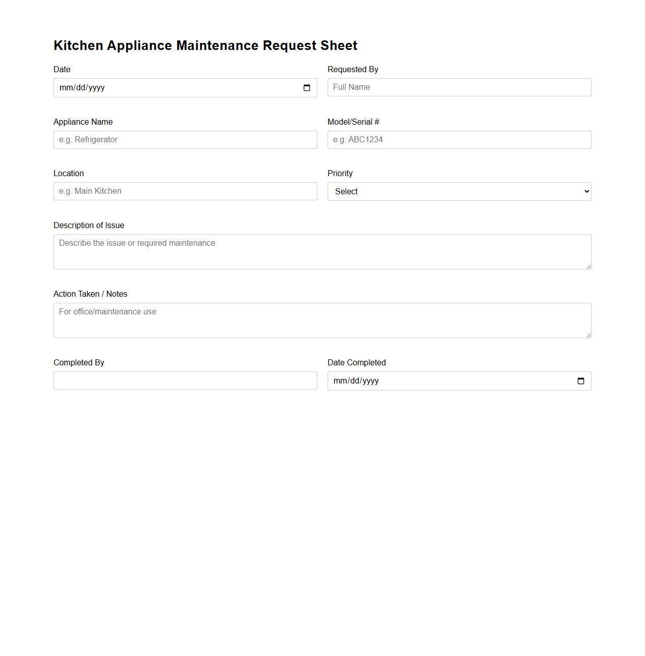 Kitchen Appliance Maintenance Request Sheet