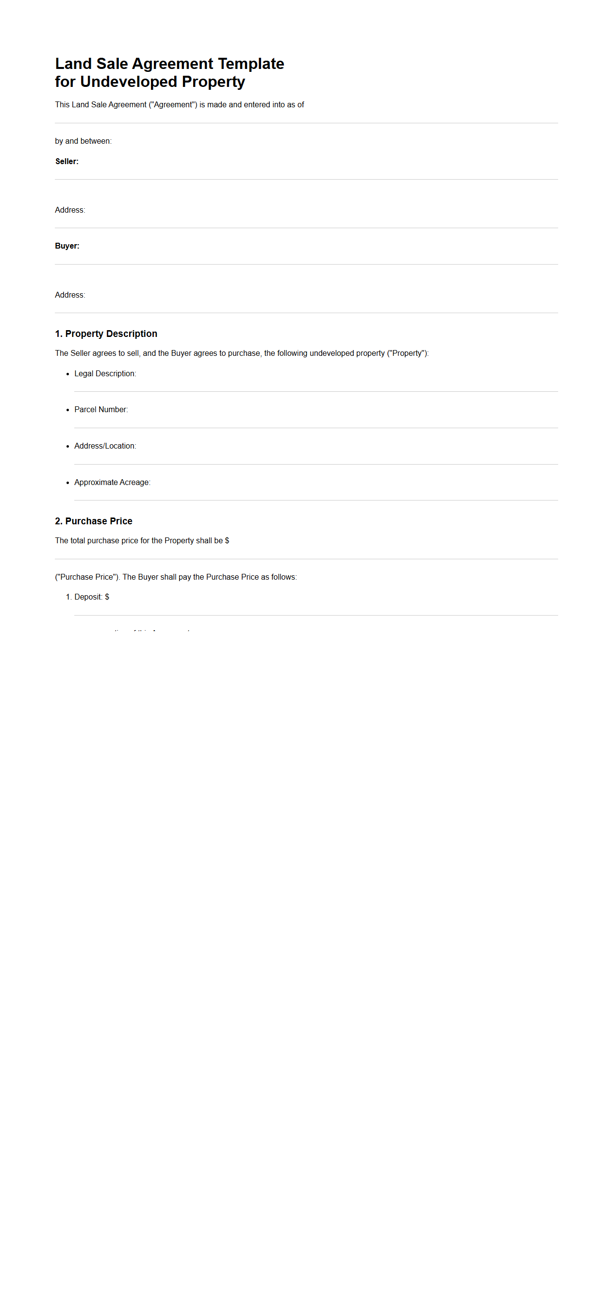 Land Sale Agreement Template for Undeveloped Property