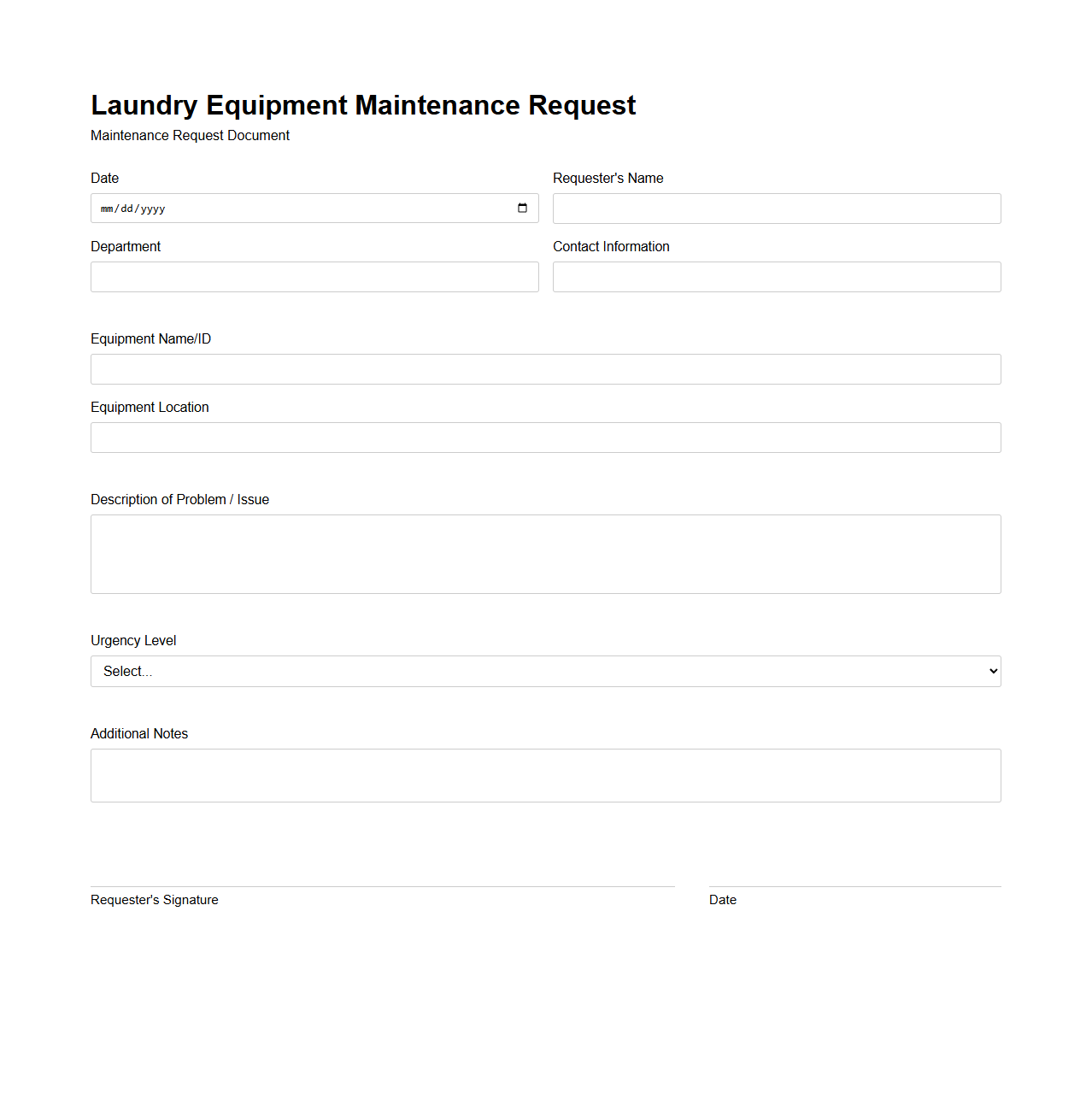 Laundry Equipment Maintenance Request Document