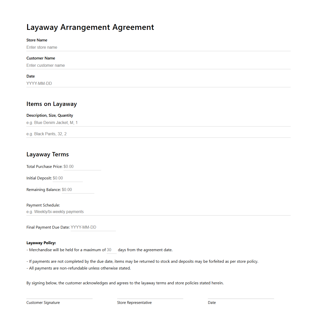 Layaway Arrangement Sample for Clothing Stores
