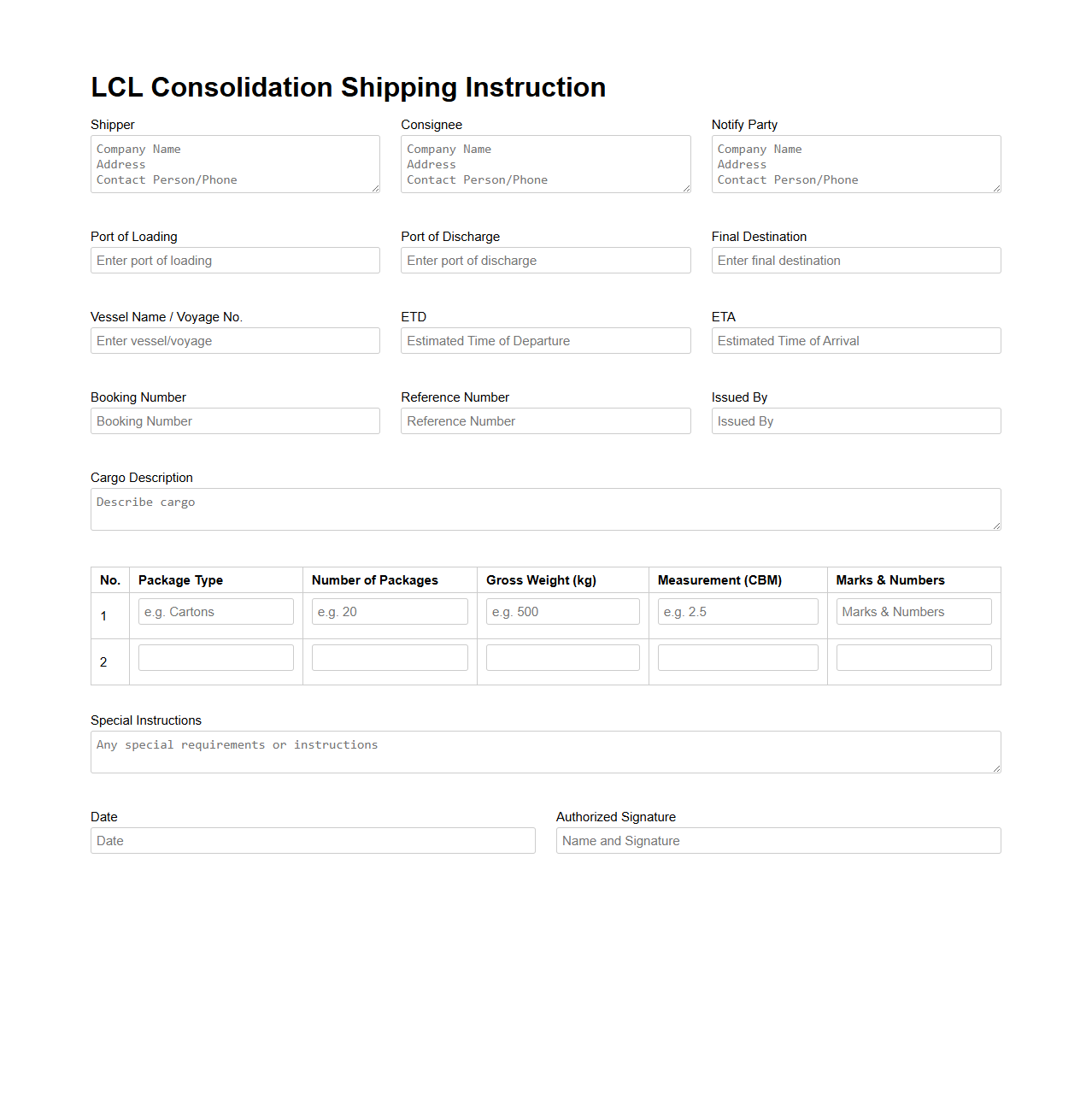 LCL Consolidation Shipping Instruction Sample