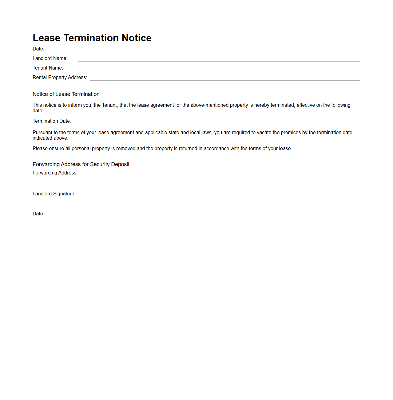 Lease Termination Notice Template for Landlords
