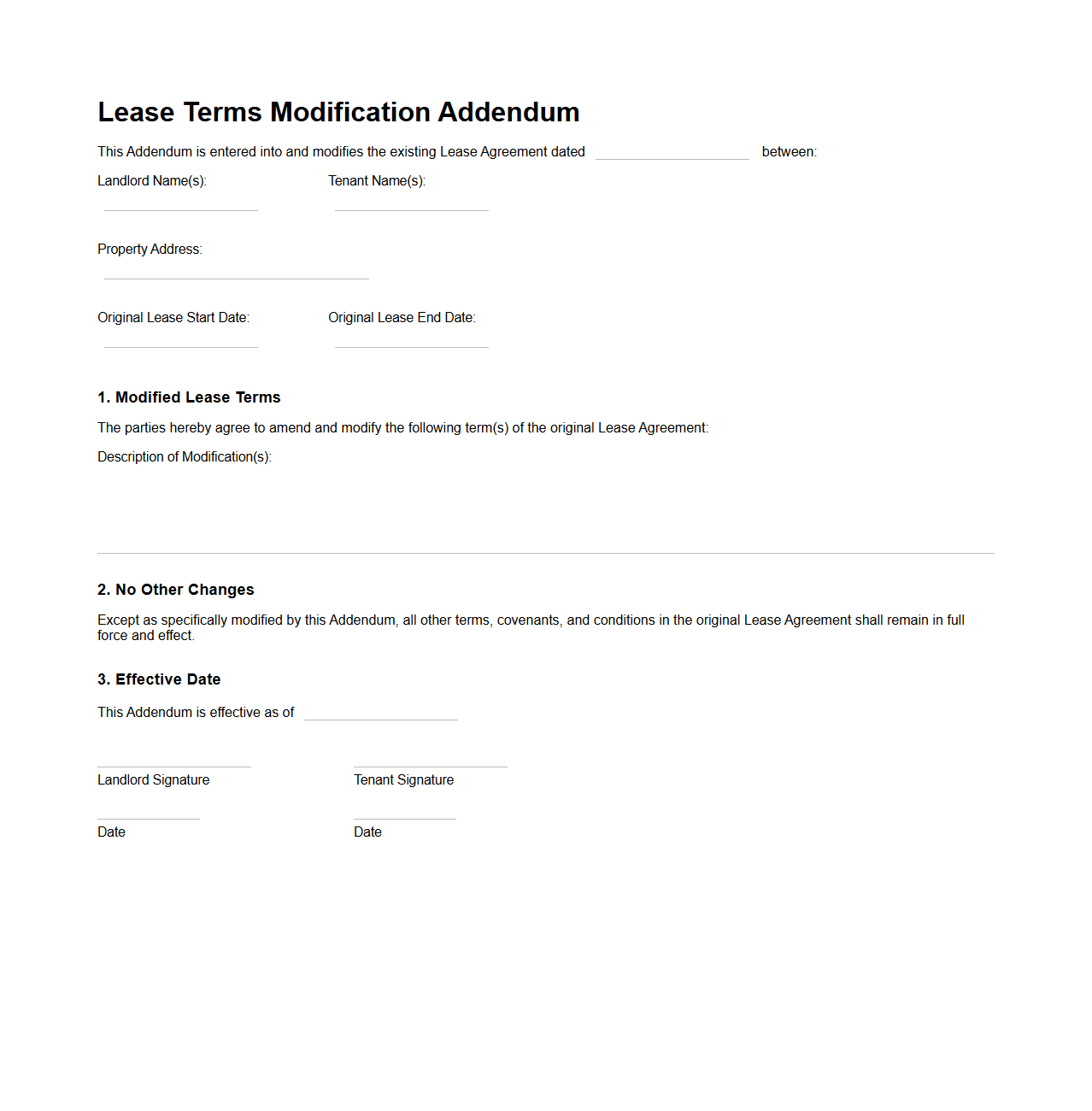 Lease Terms Modification Addendum Template